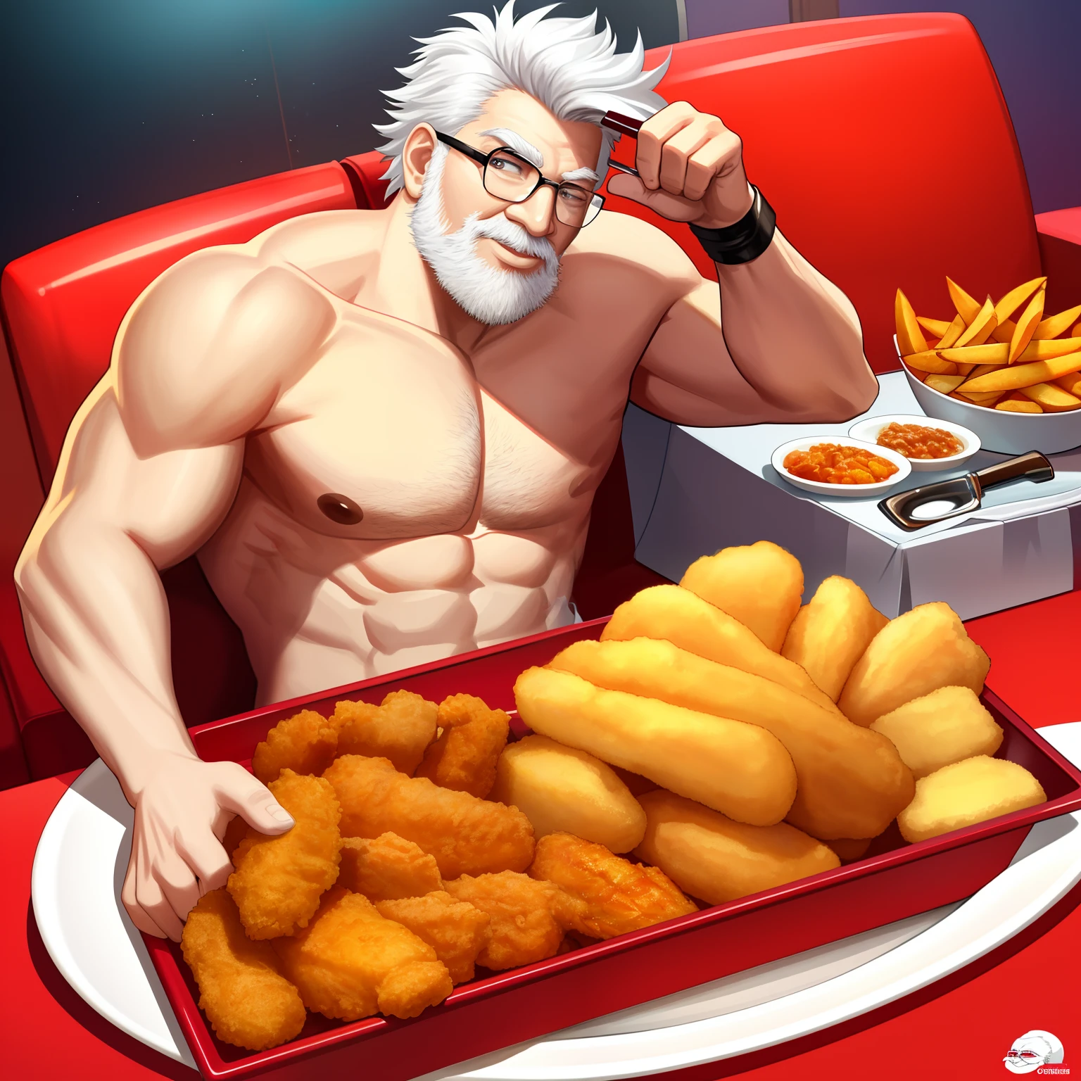 Create an artwork of a muscular KFC Colonel in a seductive pose, bare-chested and holding a tray of KFC fried chicken, potato wedges, and a cola. The food tray should be placed in the center of the frame while the character resembles the iconic figure from Kentucky Fried Chicken's logo,Colonel Harland Sanders.The picture should have the logo of the well-known chain restaurant KFC