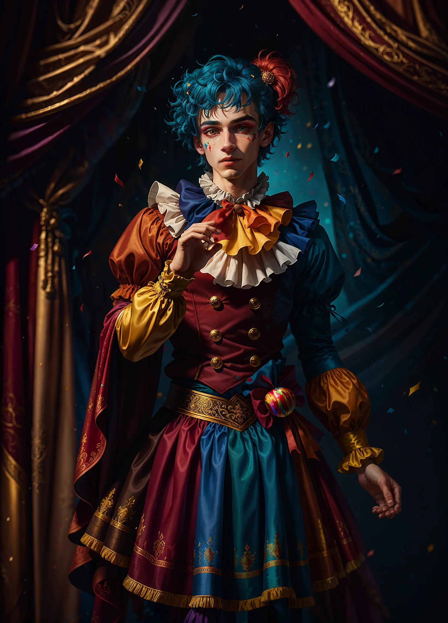 full shot body phot, illustration, bright light, fantasy, highest quality, ultra detailed, best quality, masterpiece, (detailed face), young man dress as jester , clown outfit, confetti in the air, ribbons decorating background, messy hair, short hair, blue hair, (focus on body:1.25), clown makeup, red velvet drapes in background, golden eyes, sparkling eyes, cinematic shot, maximum details, 