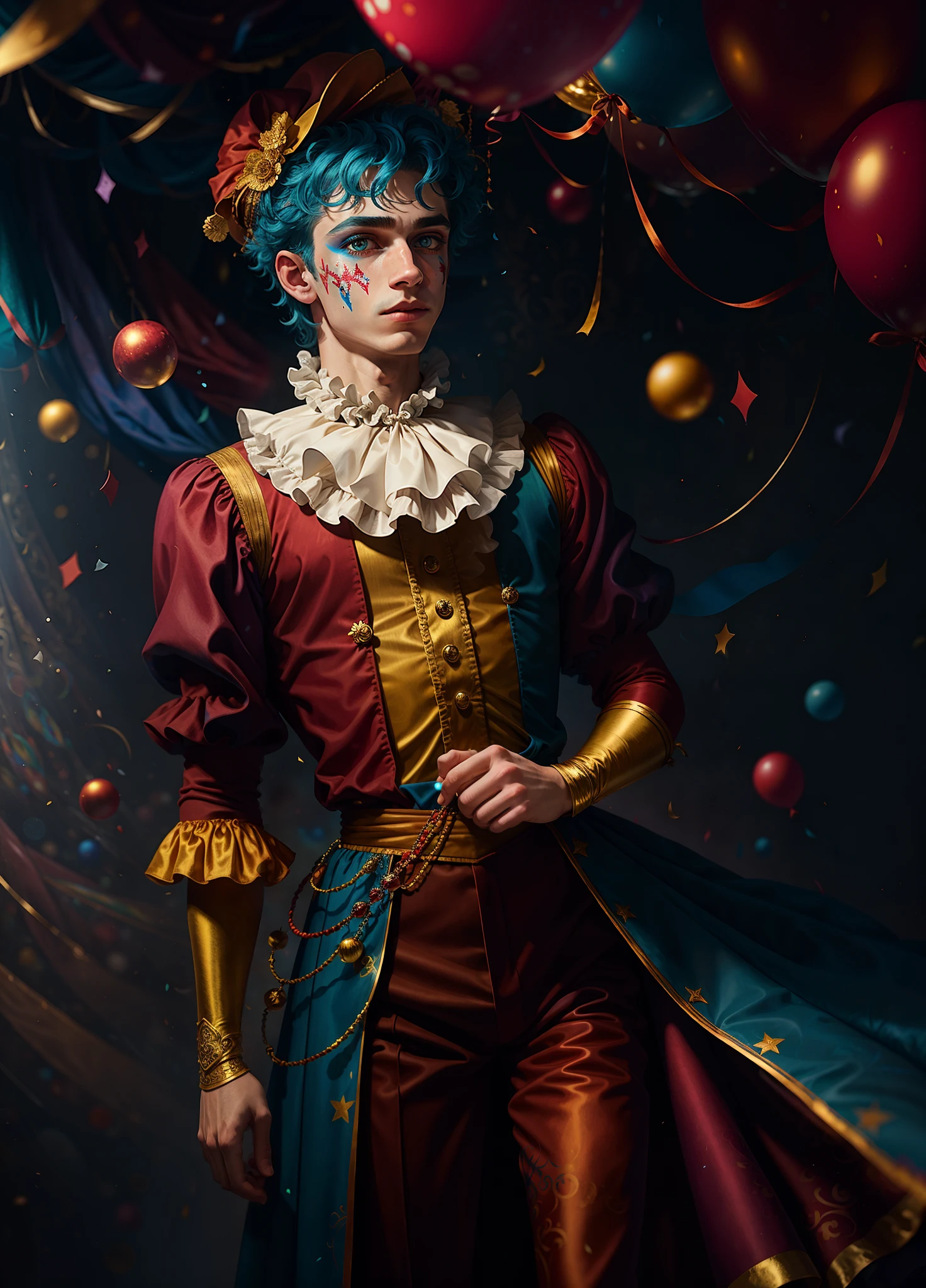 full shot body phot, illustration, bright light, fantasy, highest quality, ultra detailed, best quality, masterpiece, (detailed face), young man dress as jester , clown outfit, confetti in the air, ribbons decorating background, messy hair, short hair, blue hair, (focus on body:1.25), clown makeup, red velvet drapes in background, golden eyes, sparkling eyes, cinematic shot, maximum details, 