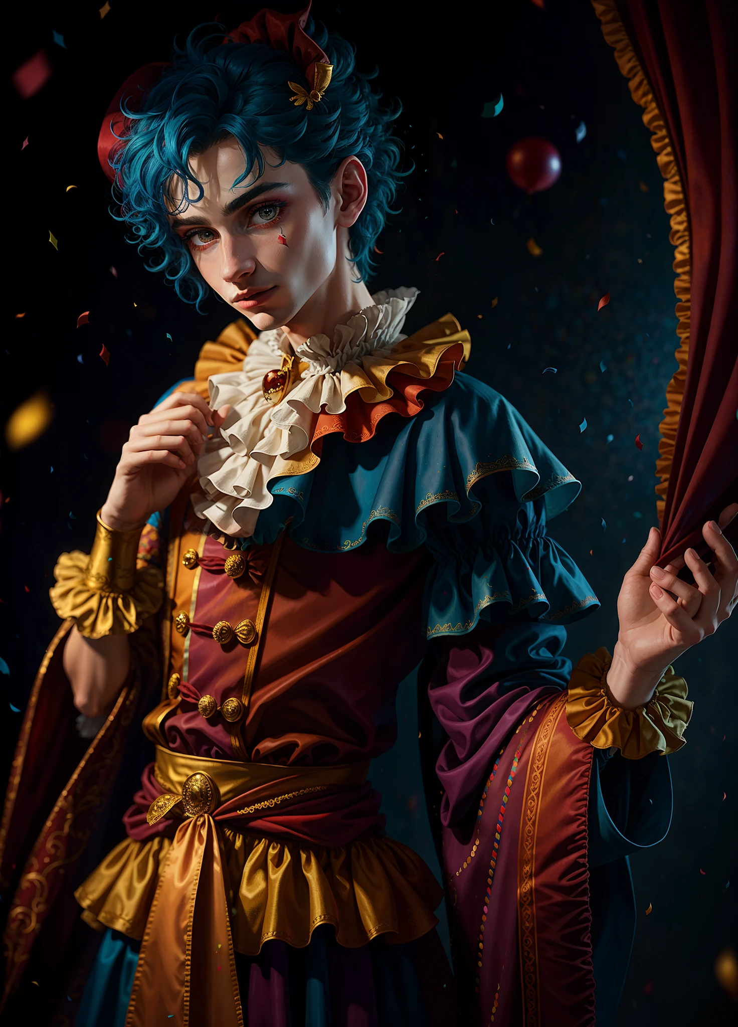 full shot body phot, illustration, bright light, fantasy, highest quality, ultra detailed, best quality, masterpiece, (detailed face), young man dress as jester , clown outfit, confetti in the air, ribbons decorating background, messy hair, short hair, blue hair, (focus on body:1.25), clown makeup, red velvet drapes in background, golden eyes, sparkling eyes, cinematic shot, maximum details, 