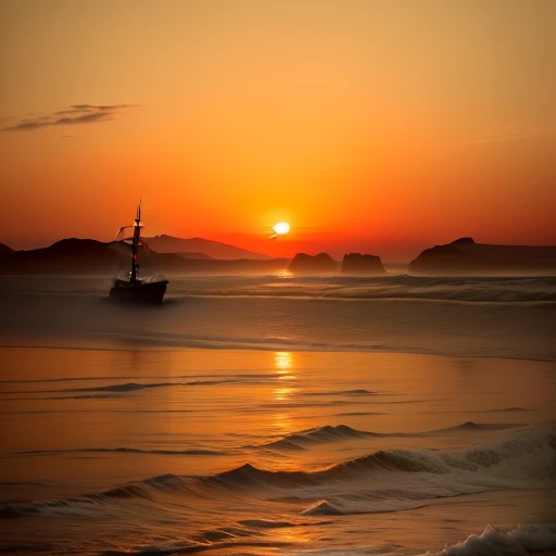 Oil painting style, stable diffusion technique: a wide-angle masterpiece depicting the peaceful beauty of the sea at sunset, with a ship in the original style in the middle of the picture, skillfully capturing the three-dimensional light of nature.