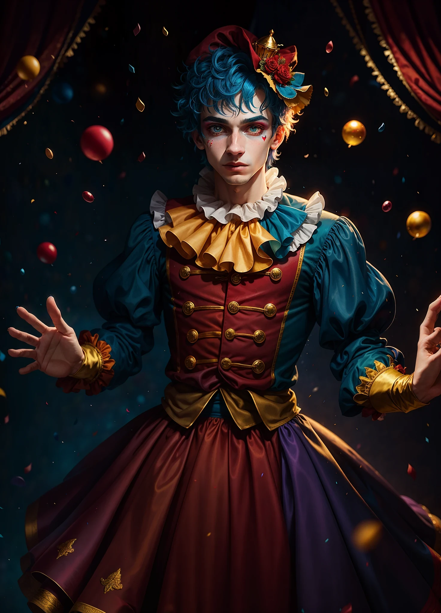 full shot body phot, illustration, bright light, fantasy, highest quality, ultra detailed, best quality, masterpiece, (detailed face), young man dress as jester , clown outfit, confetti in the air, ribbons decorating background, messy hair, short hair, blue hair, (focus on body:1.25), clown makeup, red velvet drapes in background, golden eyes, sparkling eyes, cinematic shot, maximum details,