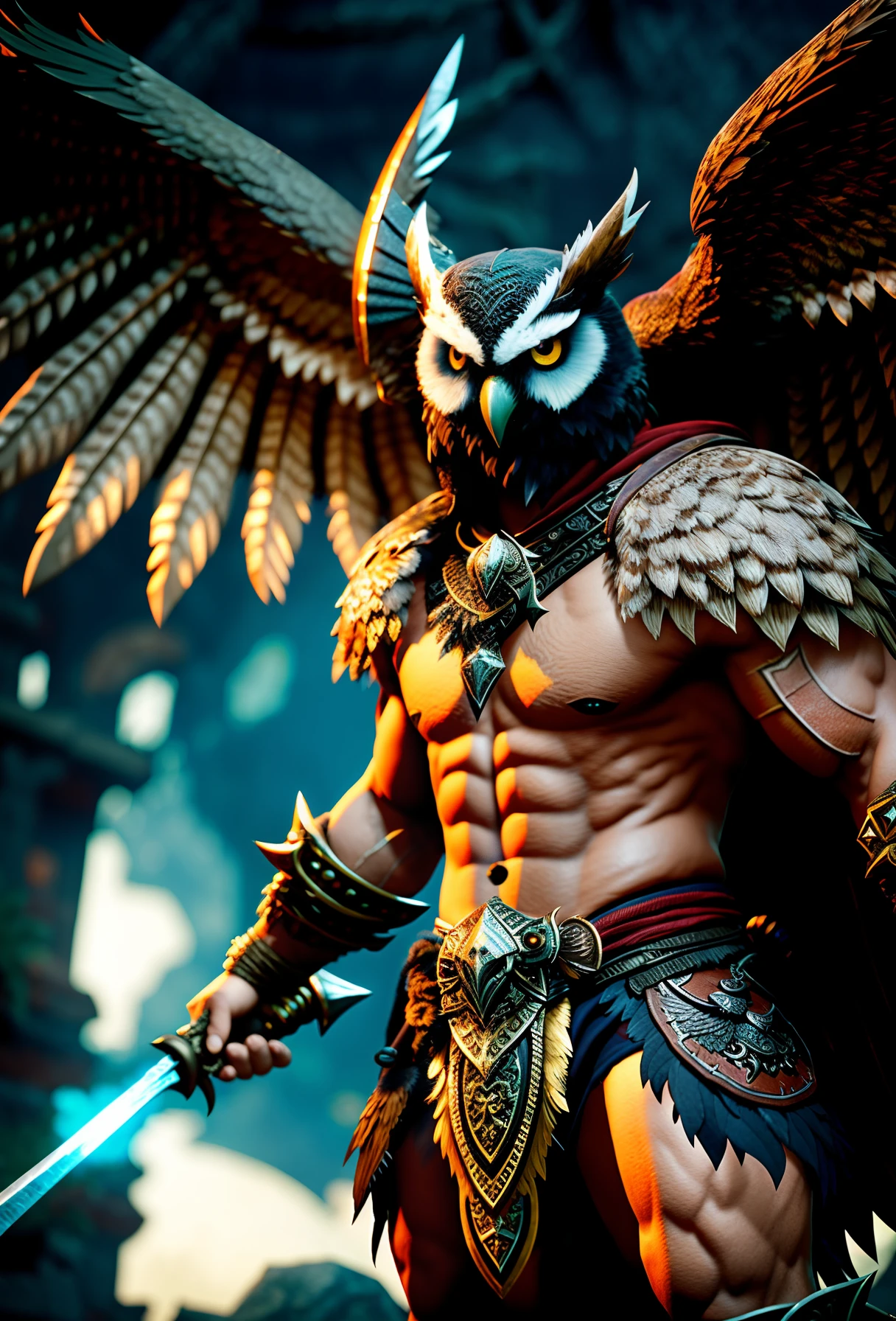 Barbarian with an owl head; Evil characters; Only the upper body is shown; Game character illustration; masterpiece, ((ultradetailed)),intricate (high detail:1.1) unrealengine,highest quality,There is a pair of wide wings that wrap around the whole body,Side view lens,Dungeon style background,The right hand holds a rapier in his right hand