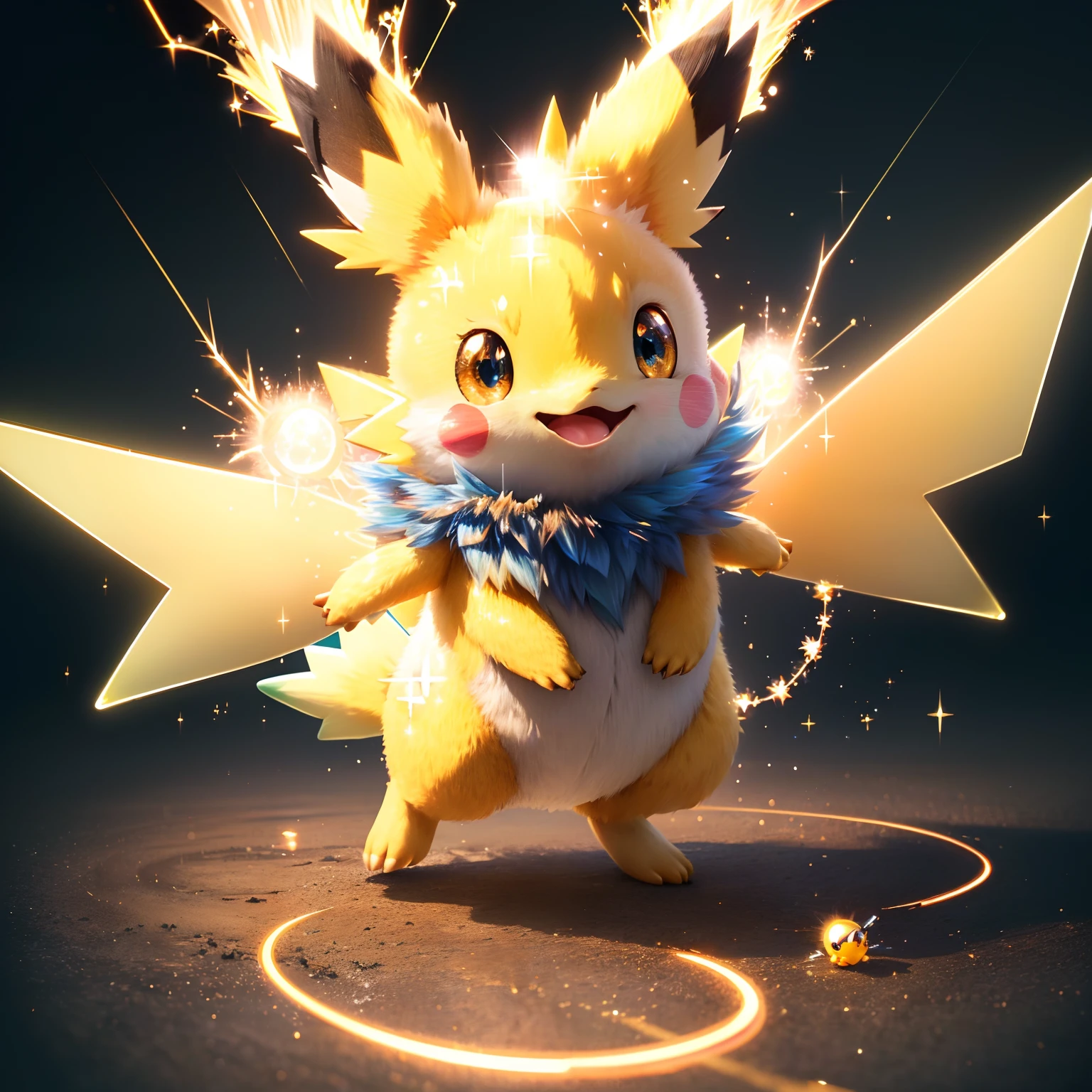 (extremely detailed CG unity 8k wallpaper, masterpiece, best quality, ultra-detailed), (best illumination, best shadow, an extremely delicate and beautiful), floating,

[((1pokemon:1.2)), cute, yellow fur, black-tipped ears, big sparkling eyes, cute red cheeks, chubby body, lightning bolt tail, playful stance,] 

[(white clouds, blue sky, green grass, sunny day, a hint of nostalgia and joy):0.6], [(sparkles, bubbles, electric effects, a burst of energy):0.4]