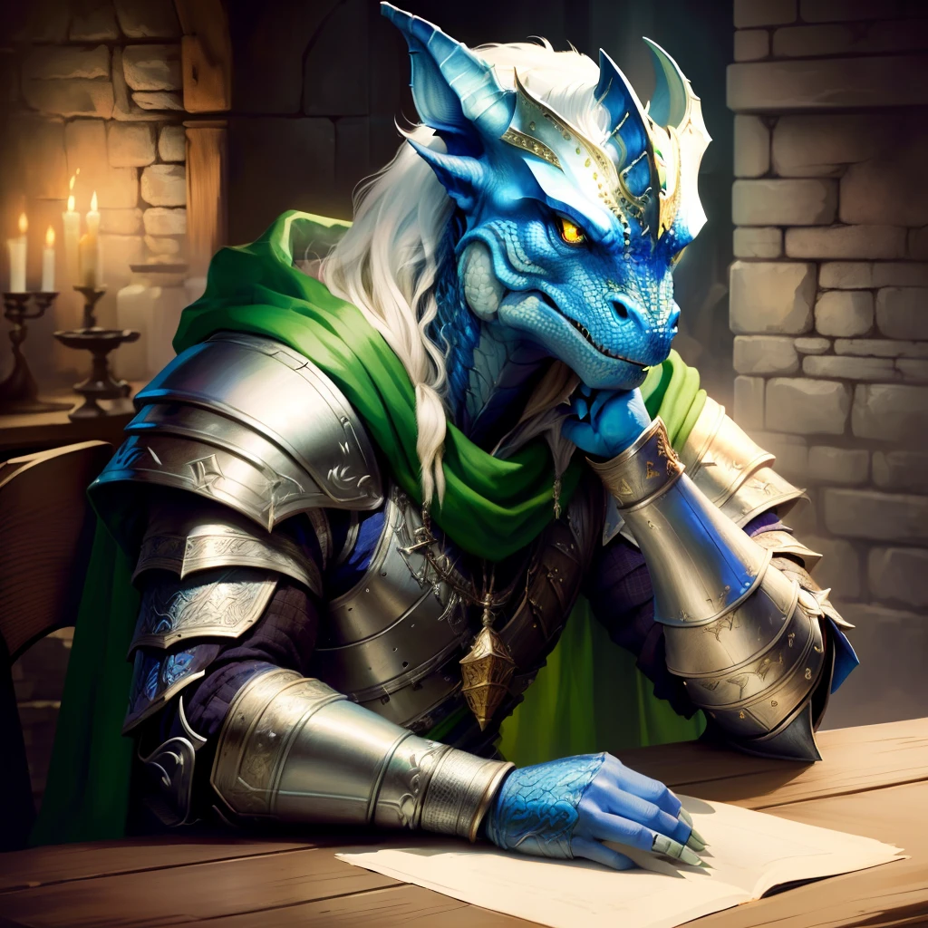 best quality,masterpiece,masterpiece portrait,intricate details,epic light,fantasy,Dragonborn,Dungeons & Dragons,Retro,Silver skin,solo,white armor,tavern,Green Cloak,Wooden table,Lizardman,blue eyes