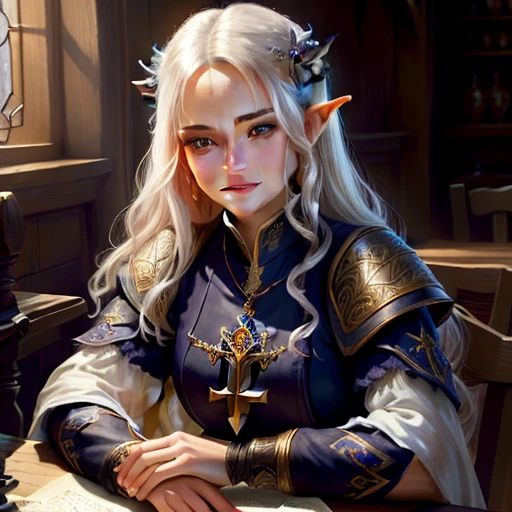 best quality,masterpiece,masterpiece portrait,intricate details,epic light,fantasy,Dungeons & Dragons,Retro,priest,dark elf,1girl,Wooden table,tavern,graceful smile,Squint