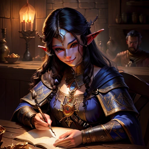 An intricately detailed masterpiece portrait with epic lighting and a fantasy-inspired, Dungeons & Dragons themed retro vibe. Featuring a mysterious priestess with dark elf features and a graceful smile, squinting in the dim light of a cozy wooden table in a bustling tavern.