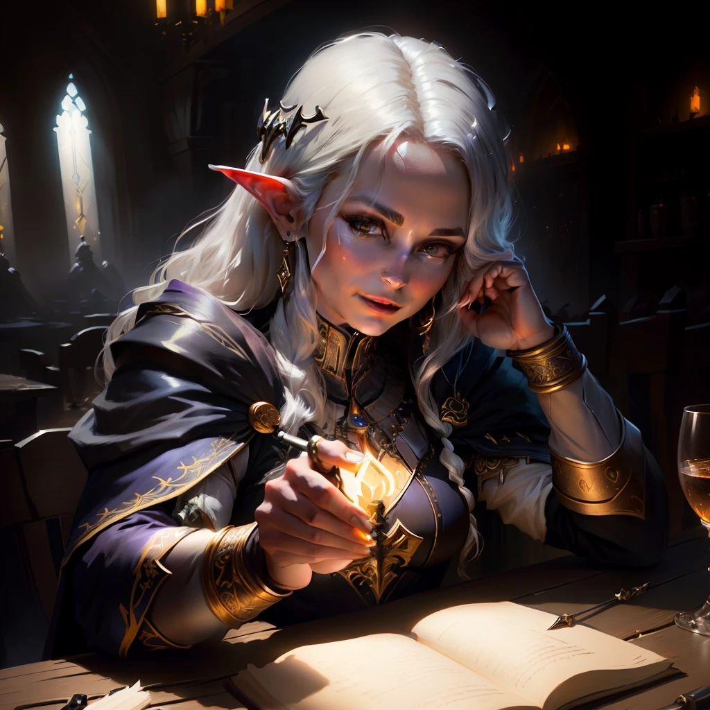 best quality,masterpiece,masterpiece portrait,intricate details,epic light,fantasy,Dungeons & Dragons,Retro,priest,dark elf,1girl,Wooden table,tavern,gray skin,An elegant smile,Squint,Close-up Portrait of a Mycenaean female Drow Person wearing golden jewelry, Spiders:0.9, webs:1.0, Fantasy, Volumetric lighting, concept art, brush stroke style, artstation, trending, highly detailed, art by greg rutkowski