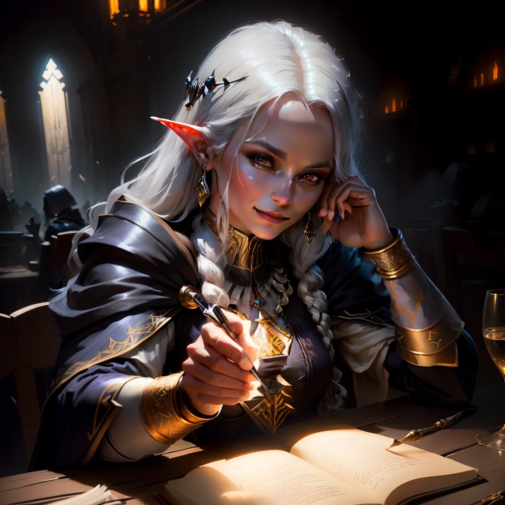 best quality,masterpiece,masterpiece portrait,intricate details,epic light,fantasy,Dungeons & Dragons,Retro,priest,dark elf,1girl,Wooden table,tavern,gray skin,An elegant smile,Squint,Close-up Portrait of a Mycenaean female Drow Person wearing golden jewelry, Spiders:0.9, webs:1.0, Fantasy, Volumetric lighting, concept art, brush stroke style, artstation, trending, highly detailed, art by greg rutkowski