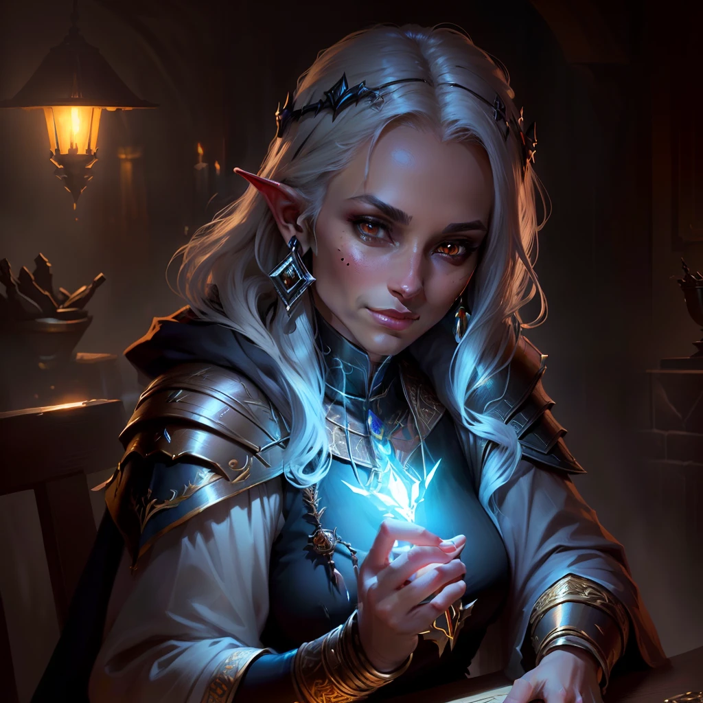 best quality,masterpiece,masterpiece portrait,intricate details,epic light,fantasy,Dungeons & Dragons,Retro,priest,dark elf,1girl,Wooden table,tavern,gray skin,An elegant smile,Squint,Close-up Portrait of a Mycenaean female Drow Person wearing golden jewelry, Spiders:0.9, webs:1.0, Fantasy, Volumetric lighting, concept art, brush stroke style, artstation, trending, highly detailed, art by greg rutkowski