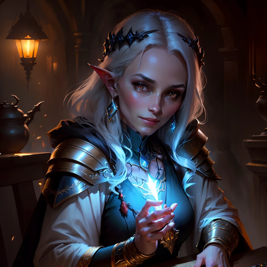 best quality,masterpiece,masterpiece portrait,intricate details,epic light,fantasy,Dungeons & Dragons,Retro,priest,dark elf,1girl,Wooden table,tavern,gray skin,An elegant smile,Squint,Close-up Portrait of a Mycenaean female Drow Person wearing golden jewelry, Spiders:0.9, webs:1.0, Fantasy, Volumetric lighting, concept art, brush stroke style, artstation, trending, highly detailed, art by greg rutkowski,Pale skin
