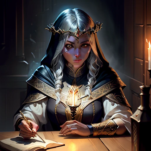 best quality,masterpiece,masterpiece portrait,intricate details,epic light,fantasy,Dungeons & Dragons,Retro,priest,dark elf,1girl,Wooden table,tavern,gray skin,An elegant smile,Squint,Close-up Portrait of a Mycenaean female Drow Person wearing golden jewelry, Spiders:0.9, webs:1.0, Fantasy, Volumetric lighting, concept art, brush stroke style, artstation, trending, highly detailed, art by Delicious in Dungeon
