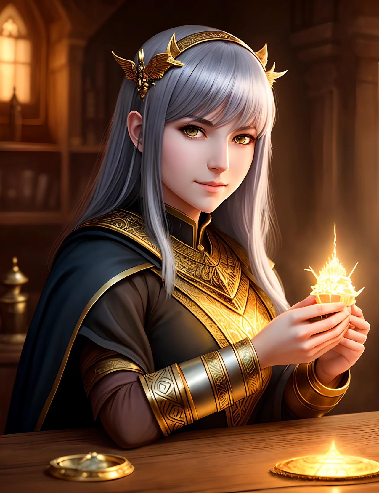 best quality,masterpiece,masterpiece portrait,intricate details,epic light,fantasy,Dungeons & Dragons,Retro,priest,dark elf,1girl,Wooden table,tavern,gray skin,An elegant smile,Squint,Close-up Portrait of a Mycenaean female Drow Person wearing golden jewelry, Spiders:0.9, webs:1.0, Fantasy, Volumetric lighting, concept art, brush stroke style, artstation, trending, highly detailed, art by Delicious in Dungeon