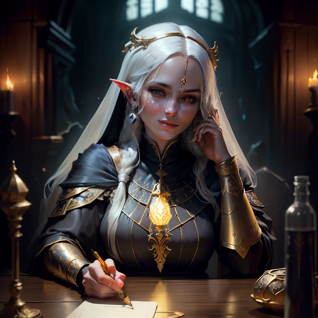 best quality,masterpiece,masterpiece portrait,intricate details,epic light,fantasy,Dungeons & Dragons,Retro,priest,dark elf,1girl,Wooden table,tavern,gray skin,An elegant smile,Squint,Close-up Portrait of a Mycenaean female Drow Person wearing golden jewelry, Spiders:0.9, webs:1.0, Fantasy, Volumetric lighting, concept art, brush stroke style, artstation, trending, highly detailed, art by Delicious in Dungeon