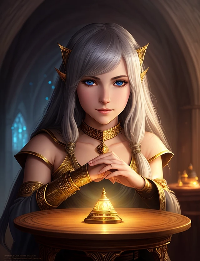 best quality,masterpiece,masterpiece portrait,intricate details,epic light,fantasy,Dungeons & Dragons,Retro,priest,dark elf,1girl,Wooden table,tavern,gray skin,An elegant smile,Squint,Close-up Portrait of a Mycenaean female Drow Person wearing golden jewelry, Spiders:0.9, webs:1.0, Fantasy, Volumetric lighting, concept art, brush stroke style, artstation, trending, highly detailed, art by Delicious in Dungeon,PALE SKIN