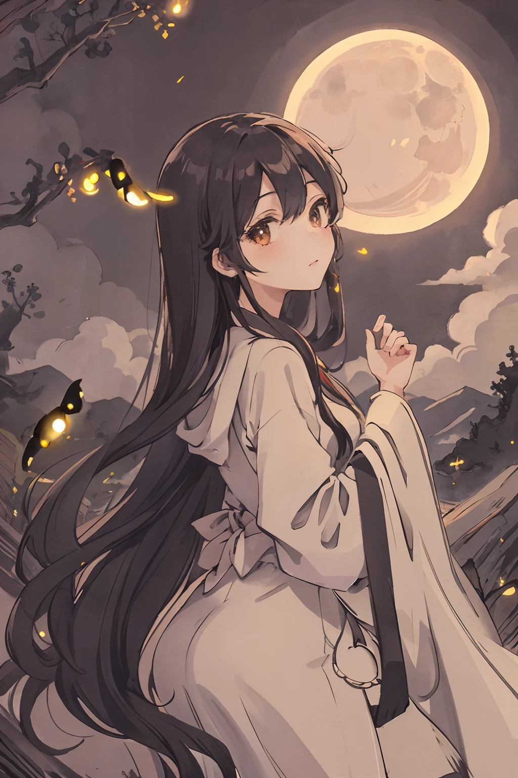 masterpiece, best quality, night, hill, clouds, full moon, long hair, woman, silhouette, fireflies.
