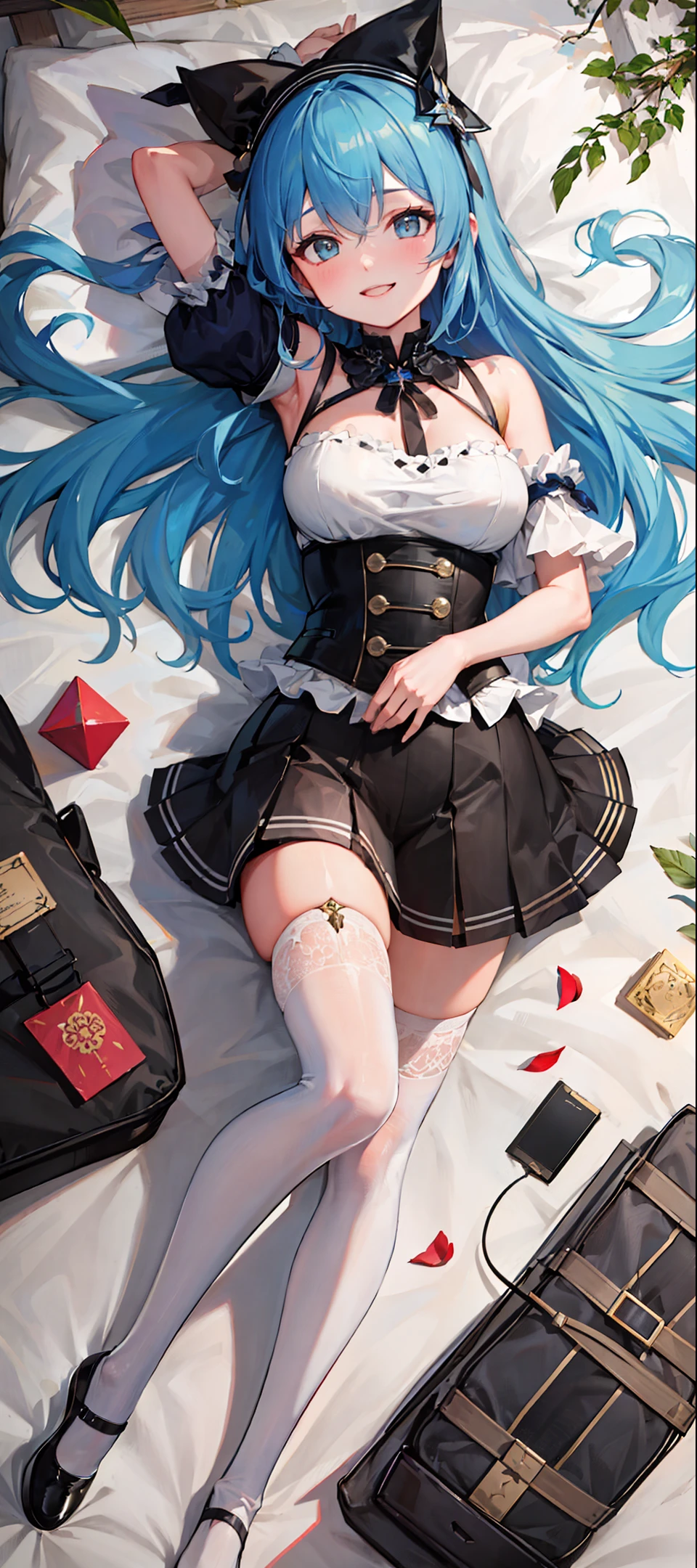 8k,((masterpiece,ultra-detailed, intricate details, mid quality,illustration)),1girl, solo, highres, looking at viewer, blue hair, long hair, Waves roll, smiling, wearing t-shirt, wearing long White stockings,wearing Short skirt,street, cherry tree, petals falling,play the piano,sunlight shining through, solar system,feminine, empowered, beautiful, detailed,wide shot,