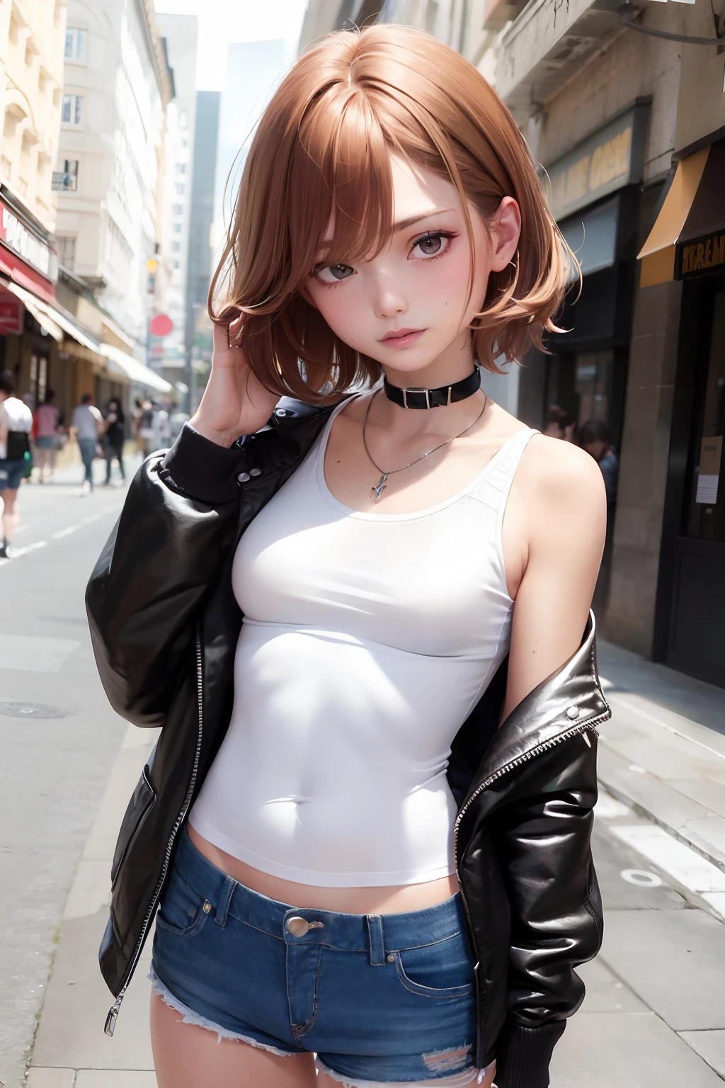 ((medium , tomboy girls, small head)),  (chiseled abs : 1.1), (perfect body : 1.1), (short wavy hair : 1.2) , auburn hair, collar, chain, full body shot, crowded street, wearing black tanktop, jeans jacket, ((shorts)), (extremely detailed CG 8k wallpaper), (an extremely delicate and beautiful), (masterpiece), (best quality:1.0), (ultra highres:1.0) 
