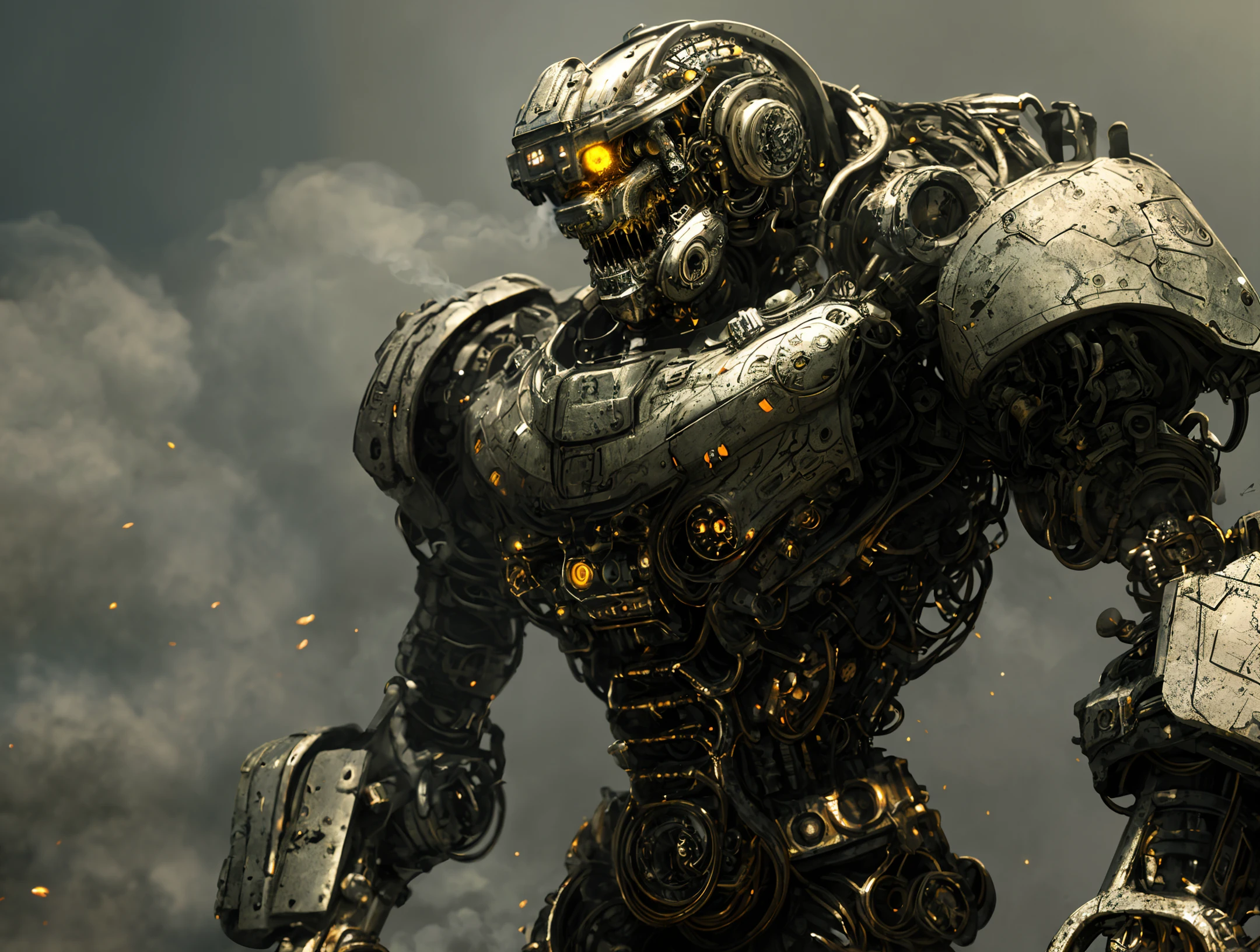 made out of metal, cyborg, steampunk style, ((intricate details)), hdr, ((intricate details, hyperdetailed)), dramatic shot, Futuristic tank, ((close up)) detailed, digital painting, concept art, breathtaking, high details, extremely detailed, beautiful, establishing shot, hyperrealistic,solo, Masterpiece, robot arm, colorful,game character design, concept design, high detail,masterpiece, best quality, (best illustration), (best shadow), absurdres, realistic lighting, beautiful detailed glow, ((Robots)), (Smoke:1.2), (Action Pose:1.1),(Worn Out Look:1.1), (High-Tech:1.1),best photo from the exhibition, 35 mm, cell shading, bloom, 8k , abrasions, cuts, wounds, stunning, highly detailed, bionic, shiny, polished, metallic, reflections, trending on Intricate, High Detail, Sharp focus, dramatic, realism, beautiful and detailed lighting, shadows