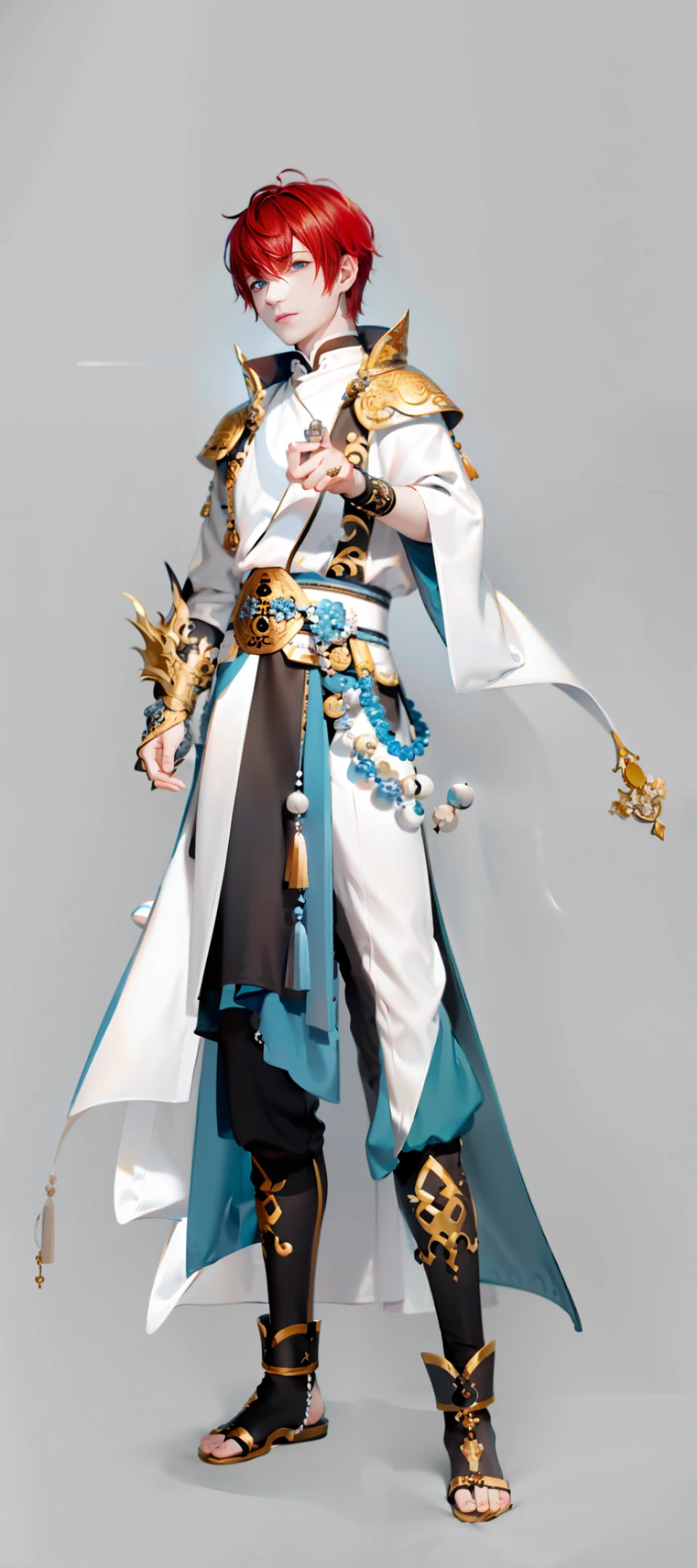 [monochrome:muted color:] theme, (masterpiece), (best quality), (detailed), light layer，boy，red hair，blue eyes，Dragon Horn, Buddha Beads, Buddhism (White background) (Mature Male）