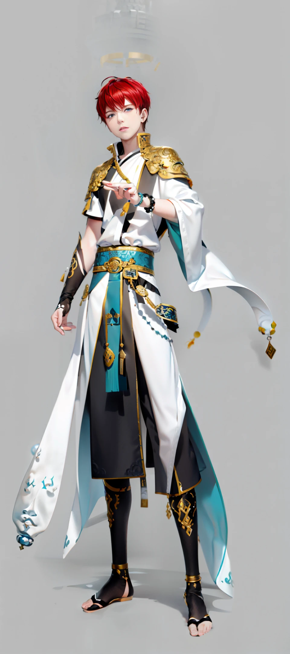 [monochrome:muted color:] theme, (masterpiece), (best quality), (detailed), light layer，boy，red hair，blue eyes，Dragon Horn, Buddha Beads, Buddhism (White background) (Mature Male）