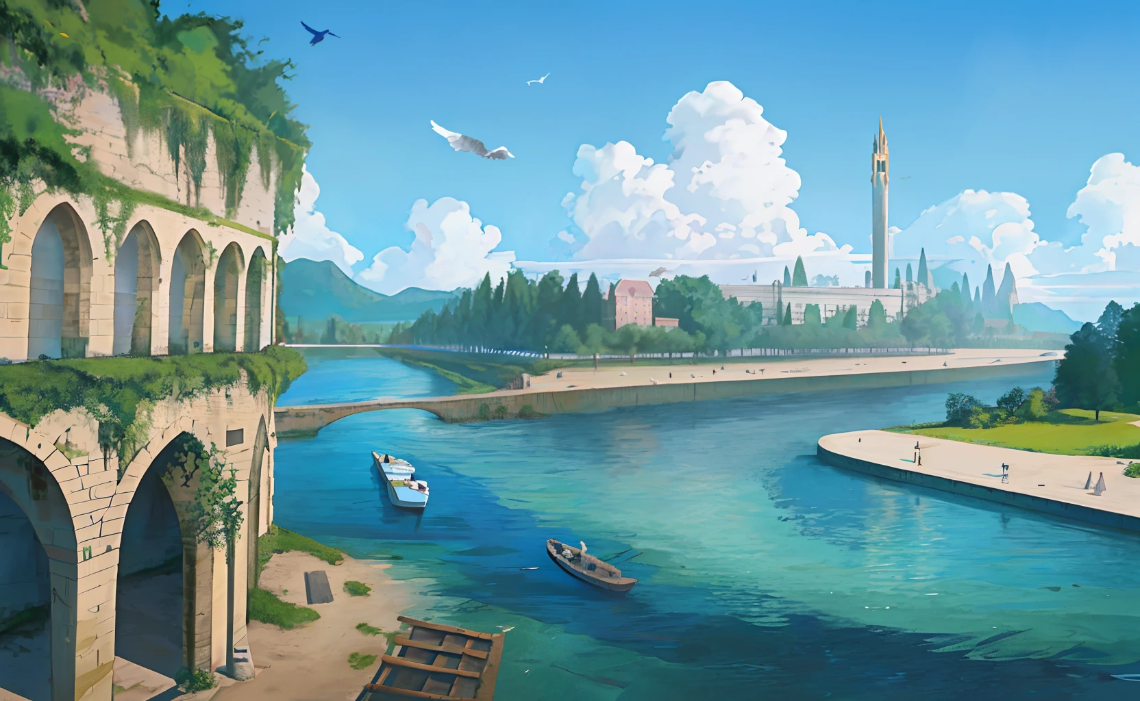 ConceptArt, no humans, scenery, water, sky, day, tree, cloud, outdoors, arched brick walls rise out of water surrounding soaring towers of marble and granite with colored banners , draping purple and green vines, river, blue sky, landscape, boats, birds
