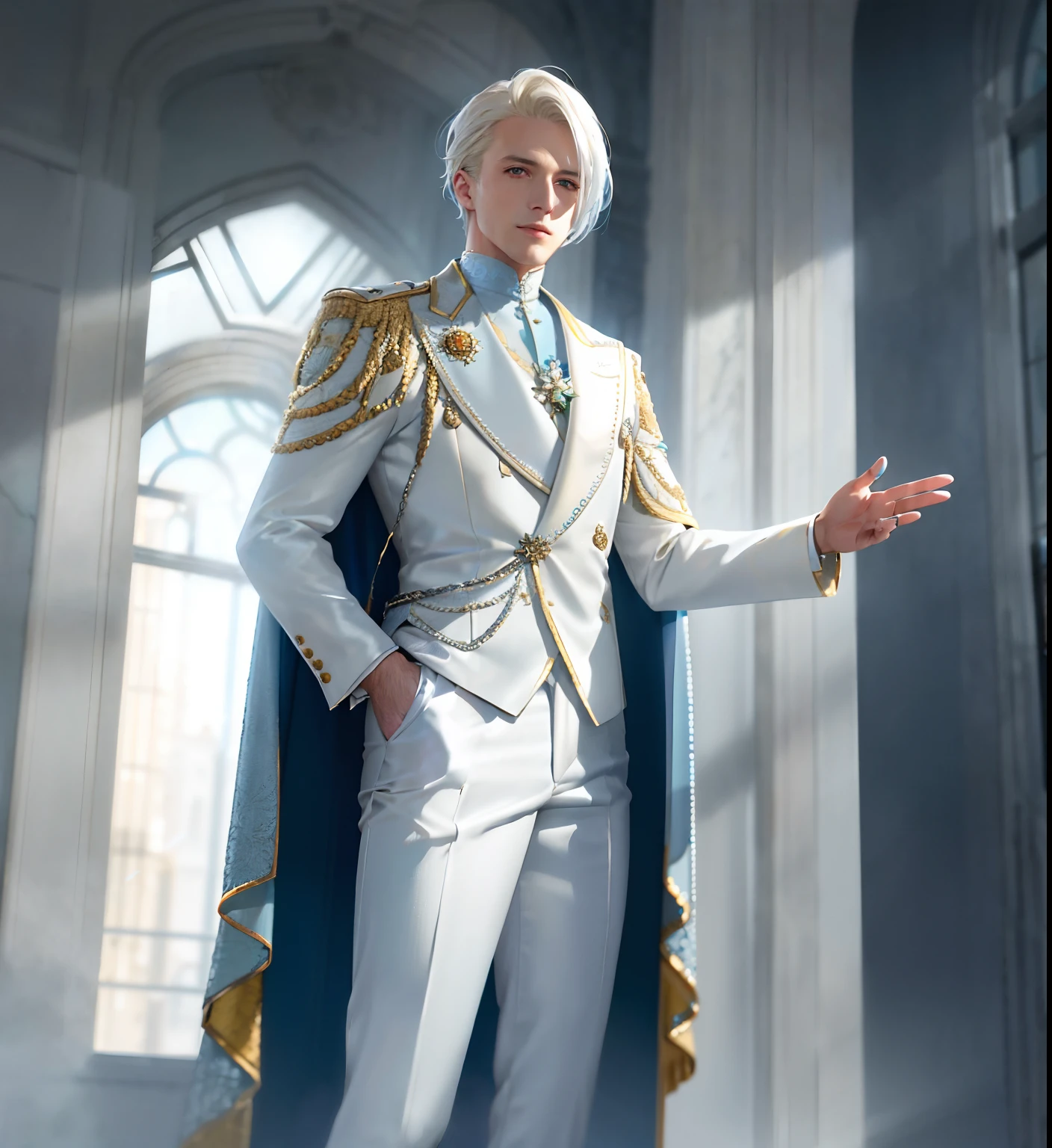 bright light, mature male, blond hair, powder blue silk jacket with silver embroidery, cape, white pants, marble buildings, outside, photorealistic, 8k, Unreal engine, highly detailed,