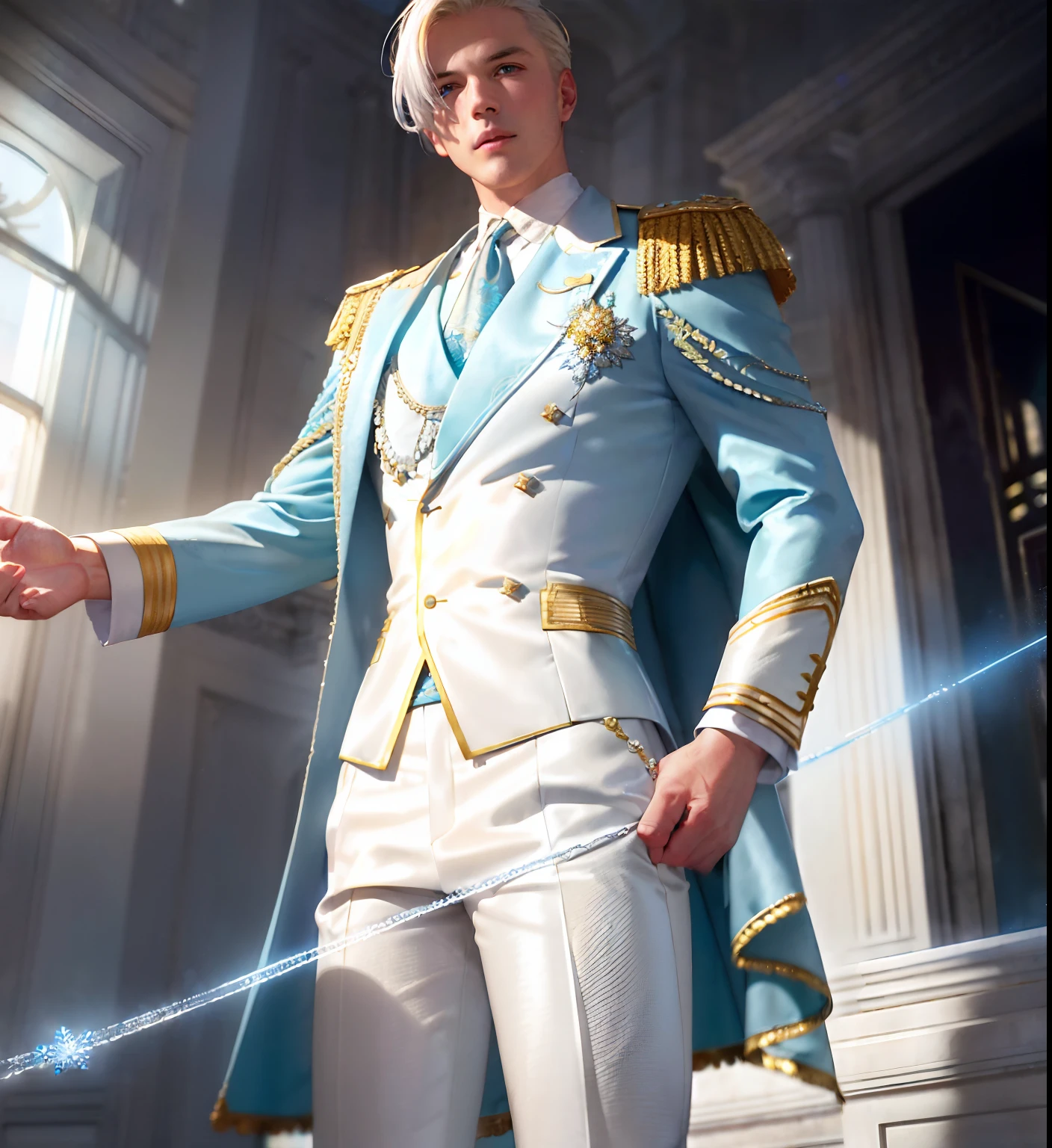 bright light, mature male, blond hair, powder blue silk jacket with silver embroidery, powder blue cape, white pants, marble buildings, outside, photorealistic, 8k, Unreal engine, highly detailed, photorealistic