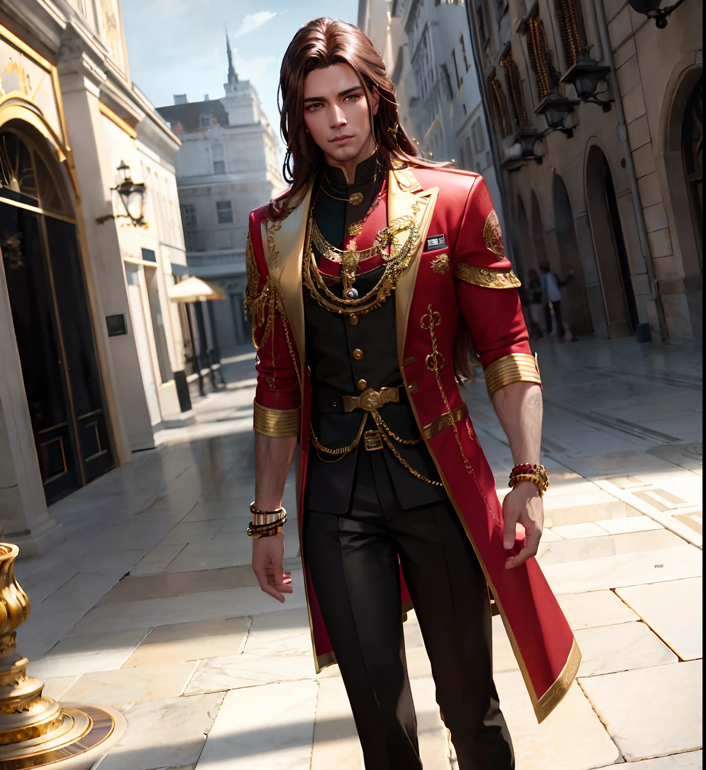 male, muscular, brown eyes, long brown hair, scarlet silk jacket with gold trim, black pants, outdoors, marble buildings, gold necklace, gold bracelet, 8k, Unreal engine, highly detailed, octane render