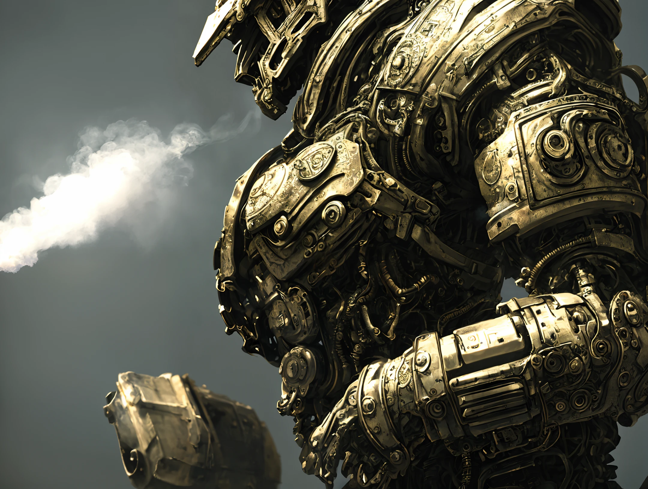 made out of metal, cyborg, steampunk style, ((intricate details)), hdr, ((intricate details, hyperdetailed)), dramatic shot, Futuristic tank, ((close up)) detailed,  digital painting, concept art, breathtaking, high details, extremely detailed, beautiful, establishing shot, hyperrealistic,solo, Masterpiece, robot arm, colorful,game character design, concept design,  high detail,masterpiece, best quality,  (best illustration), (best shadow), absurdres, realistic lighting,  beautiful detailed glow,  ((Robots)), (Smoke:1.2), (Action Pose:1.1),(Worn Out Look:1.1), (High-Tech:1.1),best photo from the exhibition, 35 mm, cell shading, bloom, 8k ,  abrasions, cuts, wounds, stunning, highly detailed, bionic,  shiny, polished, metallic, reflections, trending on  Intricate, High Detail, Sharp focus, dramatic, realism,  beautiful and detailed lighting,  shadows