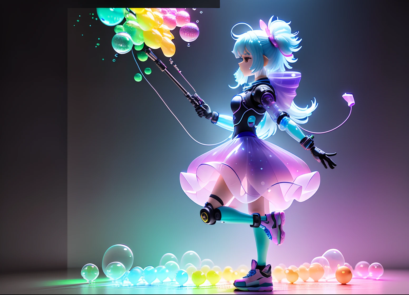 3D toy bubble gun girl shoots bubbles, chibi, fluorescent translucent, luminous body, kawaii, bauhaus, colorful, plastic, transparent, product design, glowing jelly, precision mechanical parts, awesome Lighting, 3D, digital art , translucent plastic bubblegum, close-up, 3d, super detailed, generate three views, namely front view, side view and rear view, no boundary line, C4D, octane rendering, Blender, HD, full body, simple background!!! --ar 16:9 --niji 5 --style expressiveness