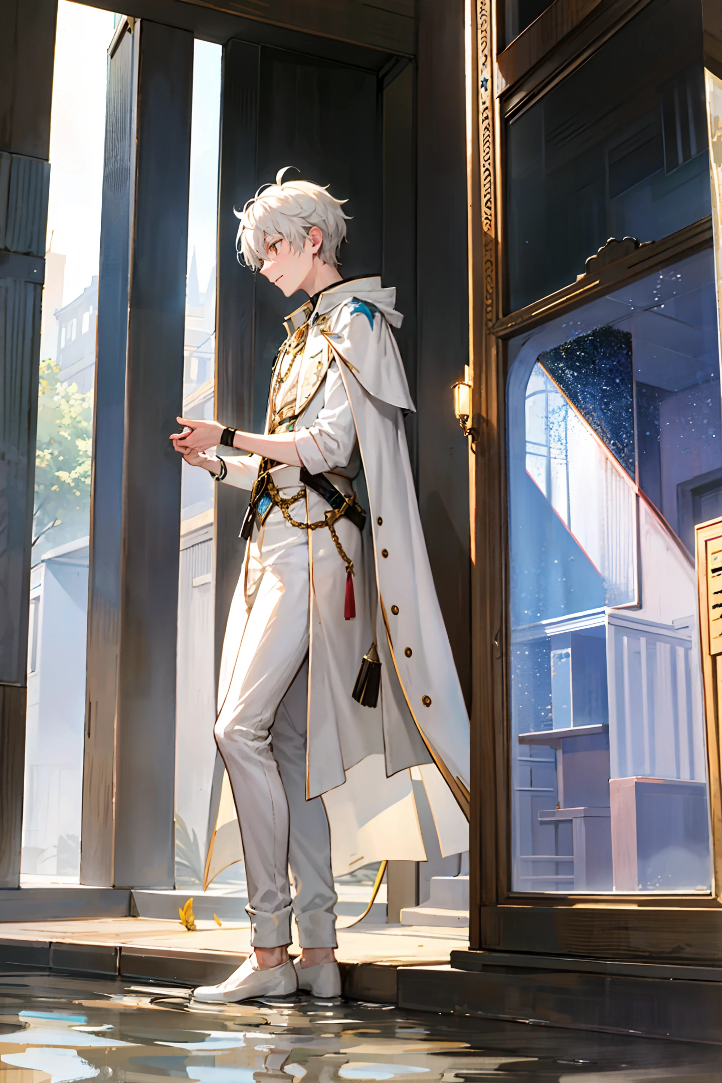 "Amidst the flooded room, a stunning male youth stands tall, his white hair and wheat skin glowing under the light of a magnificent starry sky. As he harnesses the power of water magic with ease, a single drop of water glistens on the tip of his finger, reflecting the beauty of his surroundings."