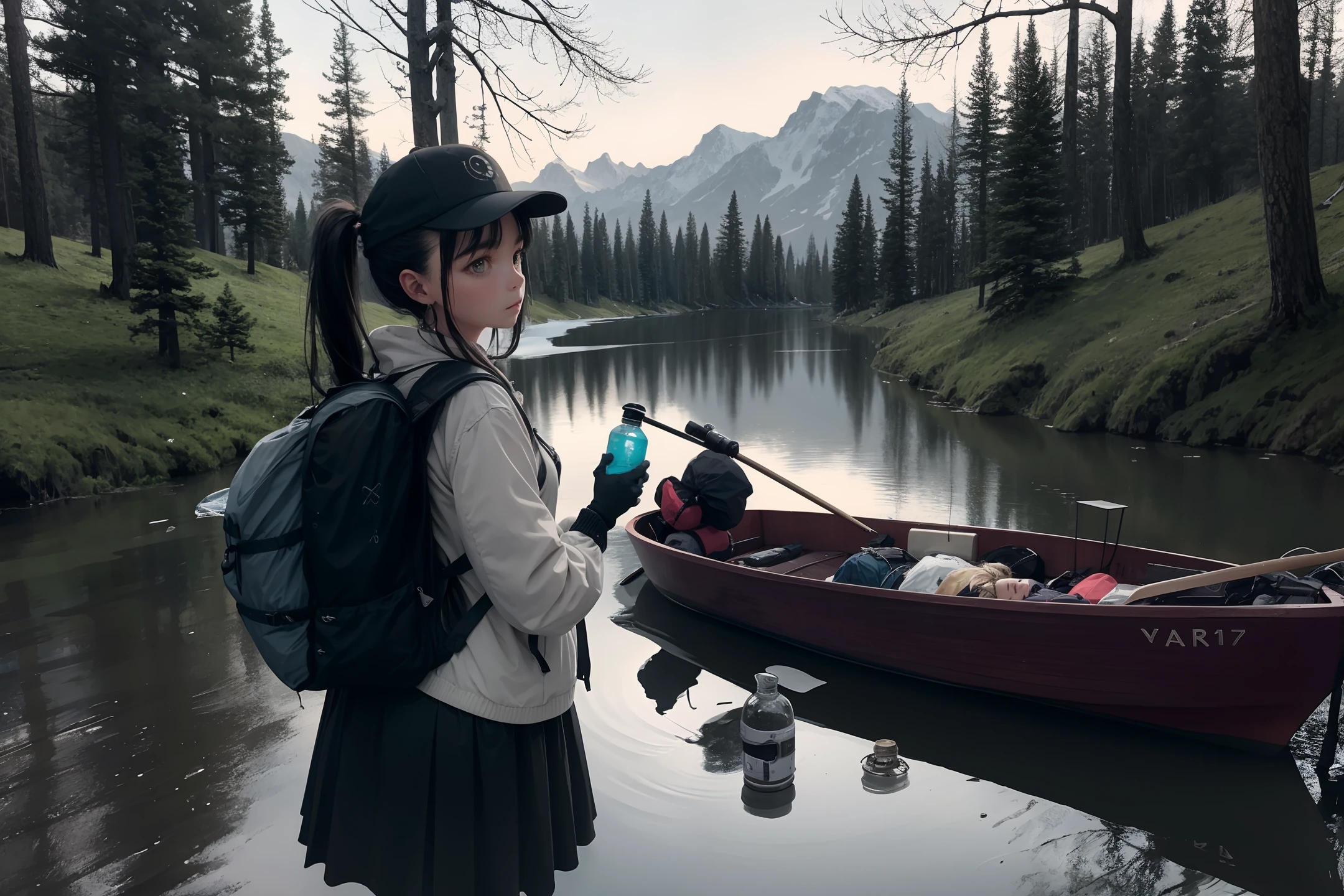 masterpiece, best quality, super detailed, illustration, 2girl, solo, outdoors, camping, night, mountains, lake, eastern sky, nature, stars, moon, campfire, tent, twin ponytails, green eyes, cheerful, happy, backpack , sleeping bag, camping stove, water bottle, hiking boots, gloves, sweater, hat, flashlight, forest, rock, river, wood, smoke, shadow, contrast, clear sky, constellation, milky way, peaceful, calm, quiet, peaceful, remote, secluded , adventure, exploration, escape, independence, survival, resourcefulness, challenge, perseverance, stamina, stamina, observation, intuition, adaptability, creativity, imagination, artistry, inspiration, beauty, awe, wonder, gratitude, appreciation, relaxation , enjoyment, rejuvenation, mindfulness, awareness, connection, harmony, balance, texture, detail, realism, depth, perspective, composition, color, light, shadow, reflection, refraction, tone, contrast, foreground, middle ground, background, Naturalistic, figurative, figurative, impressionistic, expressionistic, abstract, innovative, experimental, unique