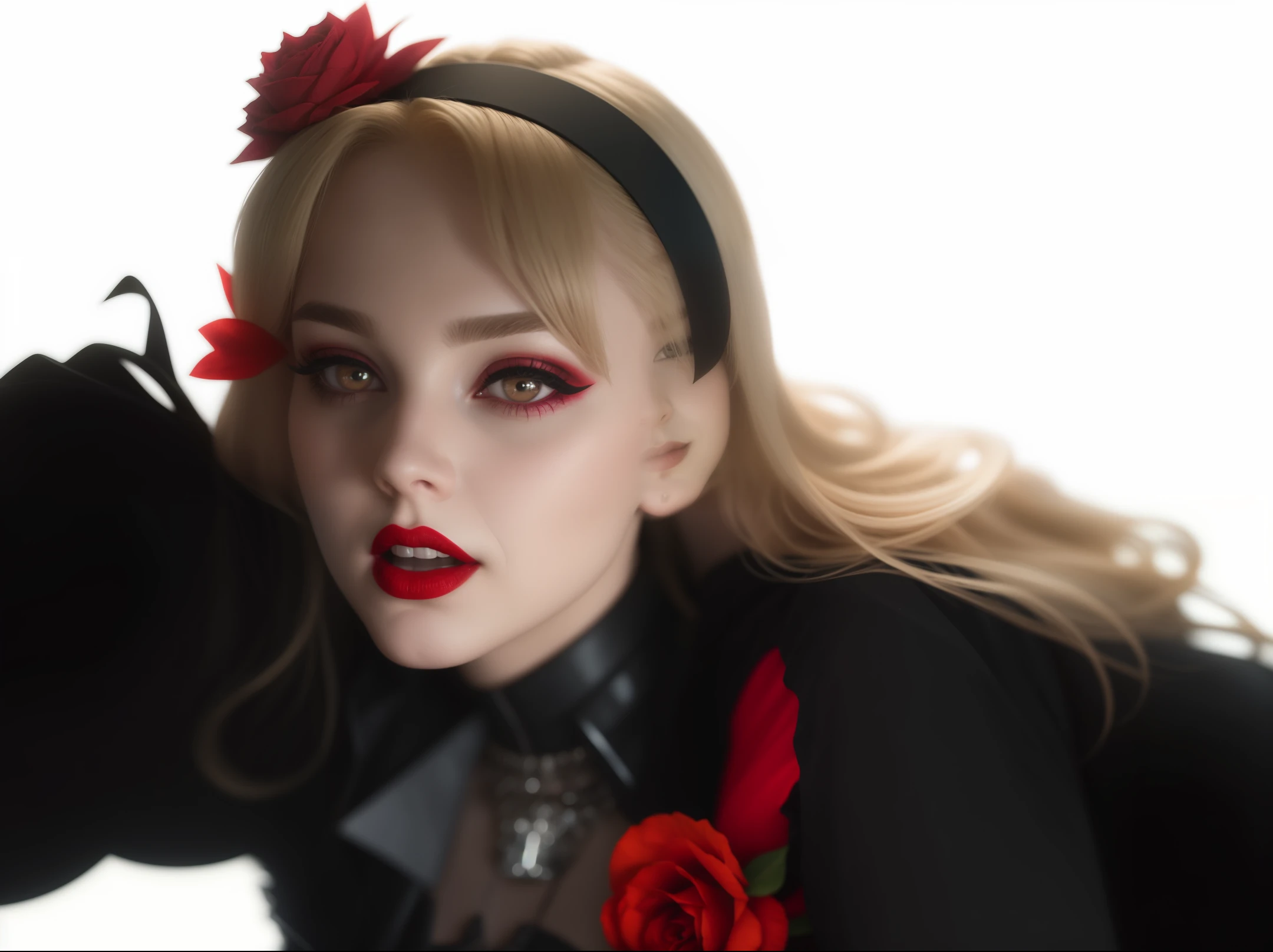 Blonde Goth: 1.2 Lori girl bust, glowing red eyes, glossy scarlet lips, pale porcelain skin, long hair, short hair, smiling, very detailed, cinematic lighting, with volumetric ray and bloom effects, (shallow depth of field: 1. 2), bokeh: 1.2, sharp focus details, dramatic lighting, nighttime, realistic digital art trends in Artstation 8k HD high definition detailed realism.