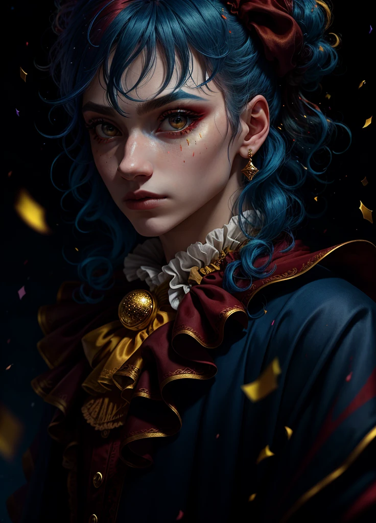 bright highlights, (extremely detailed CG unity 8k wallpaper), full shot body phot, illustration, fantasy, highest quality, ultra detailed, best quality, masterpiece, (detailed face), young man dress as jester , clown outfit, confetti in the air, ribbons decorating background, messy hair, short hair, blue hair, (focus on body:1.25), hands behind back, clown makeup, red velvet drapes in background, golden eyes, sparkling eyes, cinematic shot, maximum details, blue hair