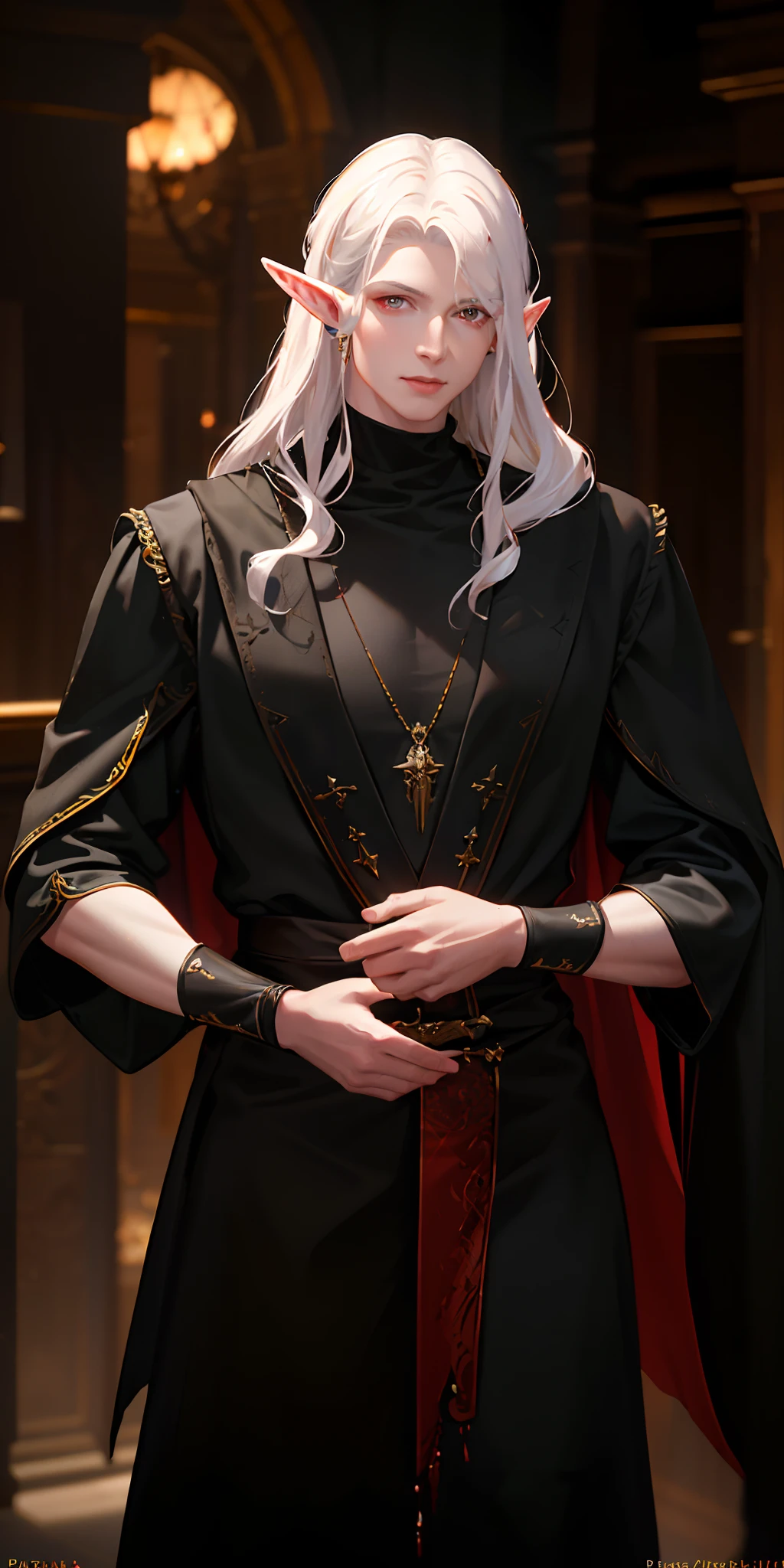 (photorealistic:1.4),(masterpiece),(best quality),(cinematic lighting), luxurious, 8k, detailed, ray tracing, depth of field, cinematic lighting, blood,1 adult male,man,thin,muscle,pointed ear,male elf,pale skin,long curly white hair,red glowing eyes,smile,blood,two daggers,black clothes,black cloak