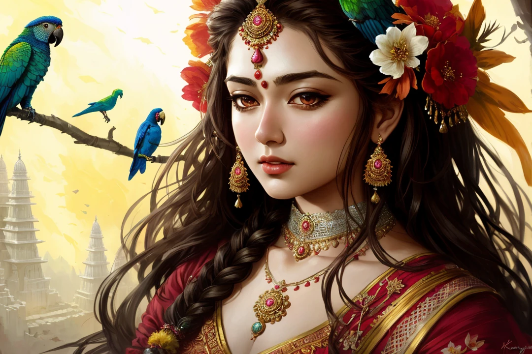 (dark dim dramatic atmosphere)+ 8k wallpaper, (nude) ( aerith gainsborough :1.5 ) wearing (lace : 1.3) with Vibrant parrot sings on branch, at A mountaintop fortress, home to a powerful sorcerer and his army of elemental golems , intricate, highly detailed, messy, ( Speedpainting :1.2), smooth, sharp focus, illustration, by artist christophe young and artist kyoung hwan kim, india, Hinduism, indian clothes, a close up portrait photo of beautiful Hansika Motwani, Hansika Motwani