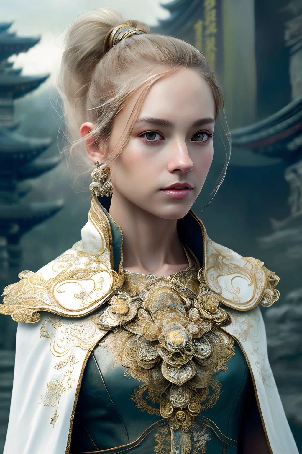 full body, walking pose, slow motion, (rogue thief:1.2) female wearing full body multiple stitched layer (leather armor:1.2),(white silk cloak), (fabric with intricate pattern:1.2), (insanely detailed, bloom:1.5), (highest quality, Alessandro Casagrande,Greg Rutkowski, Sally Mann, concept art, 4k), (analog:1.2), (high sharpness), (detailed pupils:1.1), (painting:1.1), (digitalpainting:1.1), detailed face and eyes, Masterpiece, best quality, (highly detailed photo:1.1), 8k, photorealistic, (long dark blondeHair, ponytail haircut, ecstatic:1.1), (young woman:1.1), By jeremy mann, by sandra chevrier, by maciej kuciara, sharp, (perfectbody:1.1), realistic, real shadow, 3d, (asian temple background:1.2), (by Michelangelo)