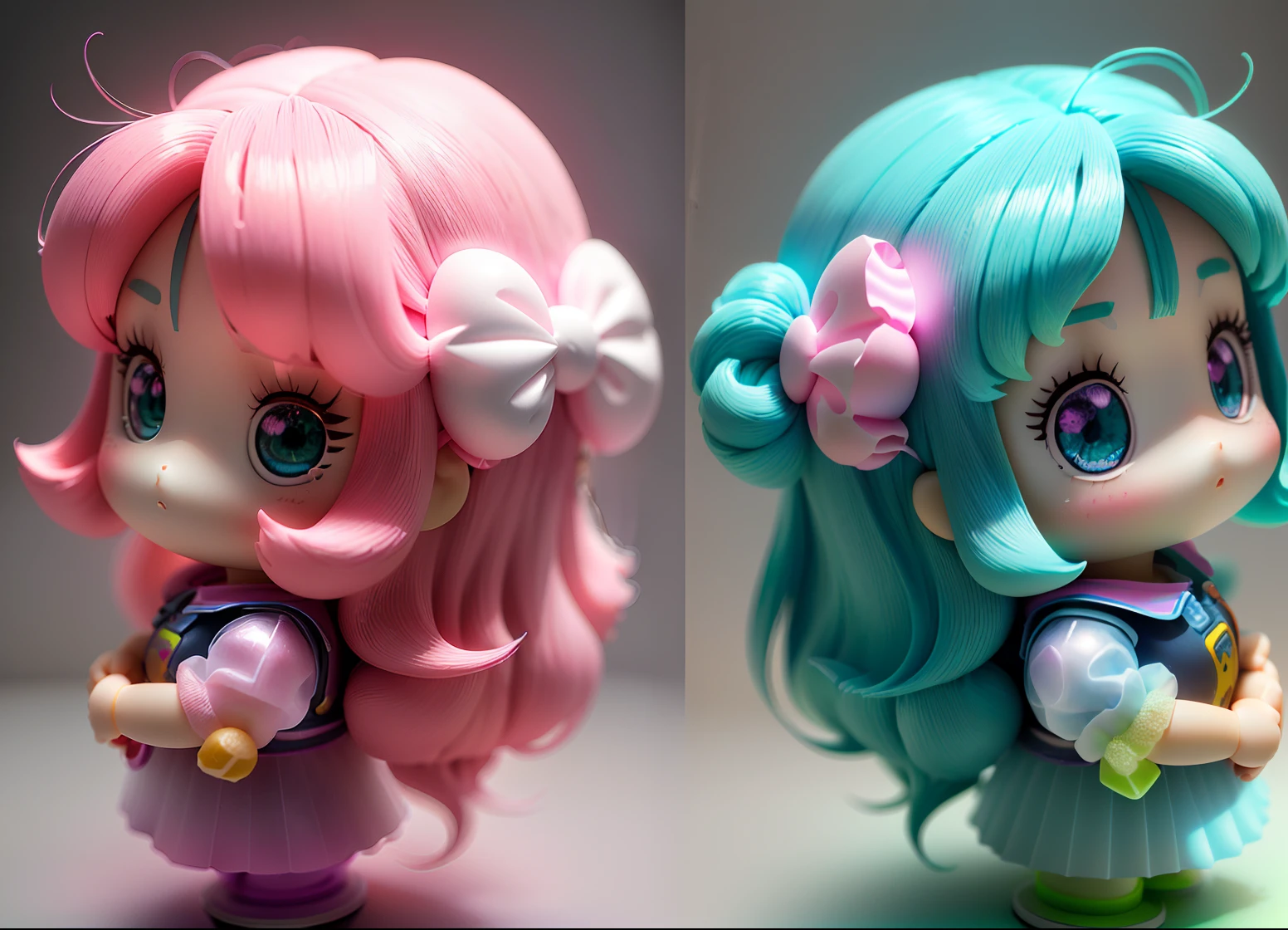 3D toy girl, exaggerated hair, 3d hair, good-looking eyes, big eyes with pink-green gradient, POP mart, (((multiple views of the same character))), (full Buddy), chibi, fluorescent translucent, glowing body,kawaii,bauhaus,colorful,plastic,transparent,product design,glow jelly,delicate cute plastic mechanical parts,awesome Lighting,3d,digital art,translucent plastic bubblegum,closeup,3d,super detailed,generated Three Views i.e. Front View, Side View and Back View, Borderless, C4D, Octane Render, Blender, HD, Full Body, Simple Background! ! ! --ar 16:9 --niji 5 --style expressiveness