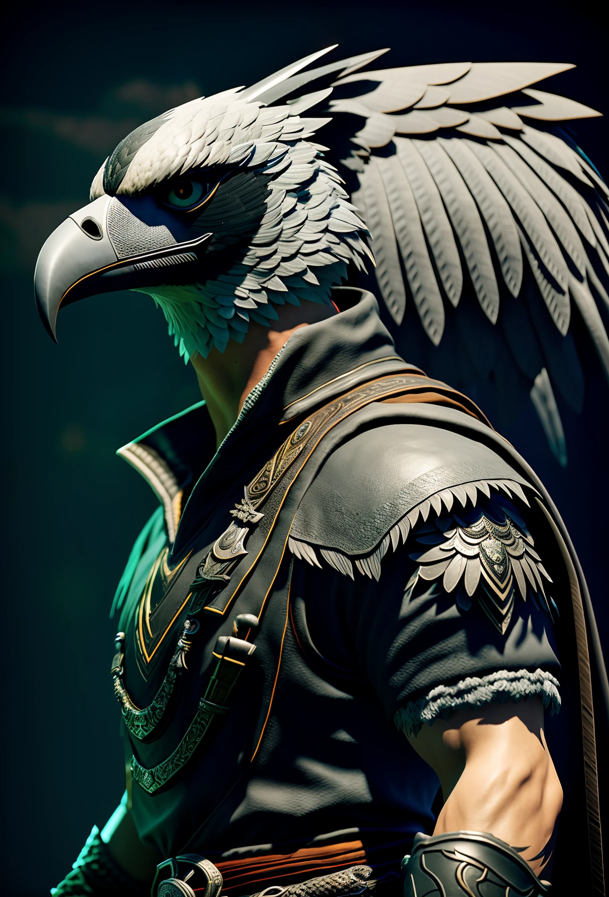 athletic man with an vulture head; full body;  grey feathers; grey skin; Game character illustration； masterpiece, ((ultradetailed))，intricate (high detail:1.1) unrealengine,highest quality，no wings，Side view lens，Dungeon style background，The right hand holds a whip

