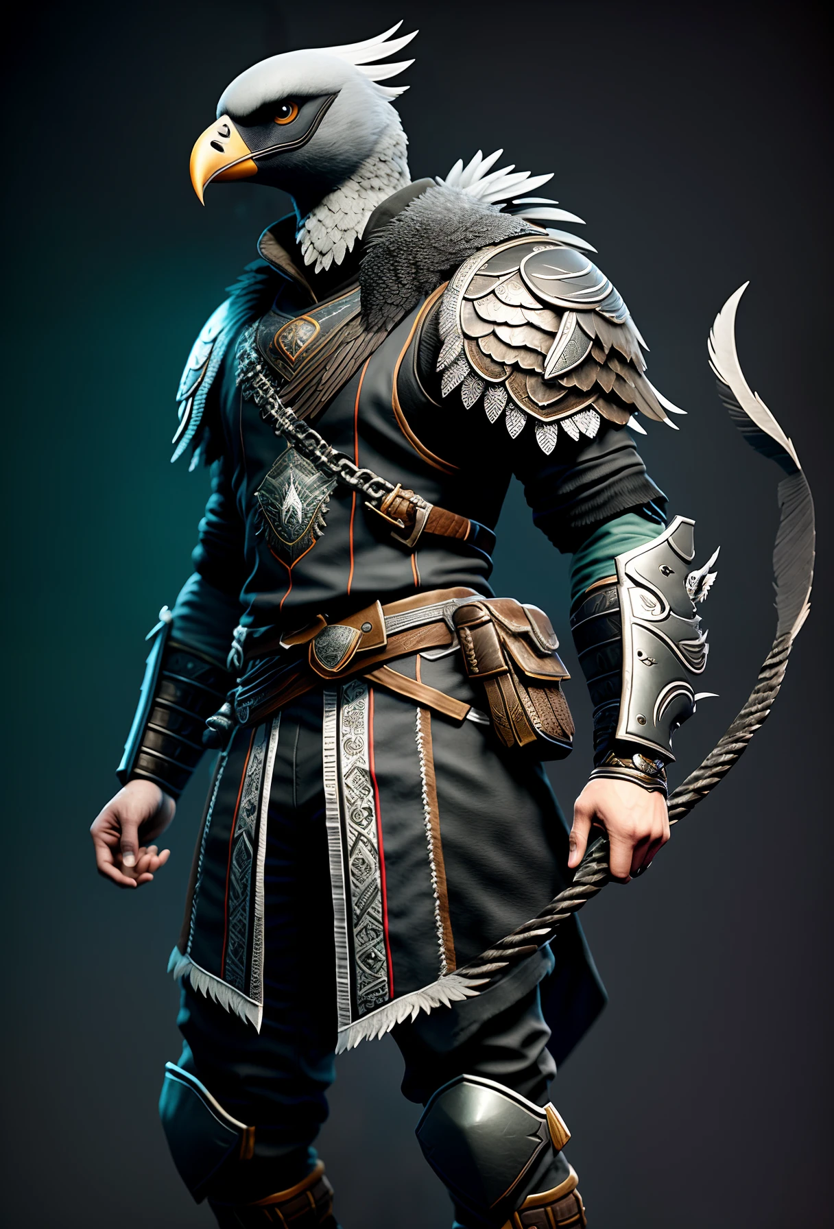 athletic man with an vulture head； grey feathers; grey skin; Game character illustration； masterpiece, ((ultradetailed))，intricate (high detail:1.1) unrealengine,highest quality，no wings，Side view lens，Dungeon style background，The right hand holds a whip
