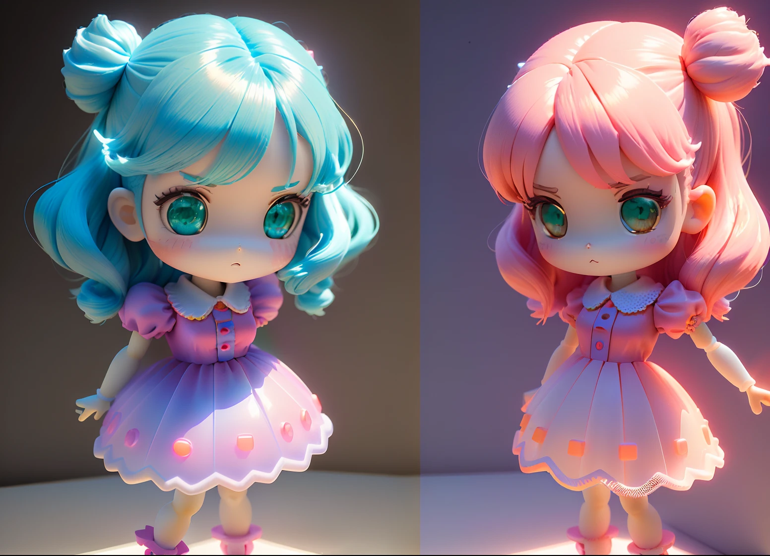 3D toy girl,(full Buddy),(((multiple views of the same character))),exaggerated hair,3d hair,beautiful eyes,big eyes with pink-green gradient,POP mart,,chibi,fluorescent translucent,glow body, kawaii, bauhaus, colorful, plastic, transparent, product design, glowing jelly, cute and cute plastic mechanical part, awesome Lighting, 3d, digital art, translucent plastic bubblegum, close up, 3d, super detailed, borderless, C4D, Octane render, Blender, HD, full body, simple background! ! !
