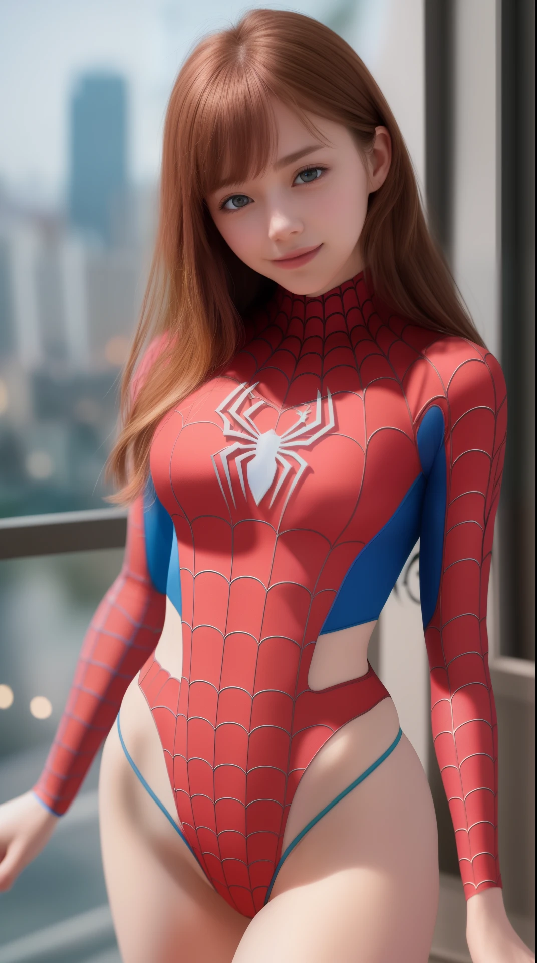 (8k, RAW photo:1.2), best quality, super high resolution, very detailed, intricate detail, masterpiece, super detailed, illustration, high resolution, soft light, 1 girl, (very detailed upper body dressed as a spider man), ((shows beautiful legs and side thighs)), medium breasts, (light brown hair: 1), detailed face, movie, city, night, looking at viewer, pastel colors, soft movie light, Intricate detail, super detail, masterpiece, hdr, sharp focus, high quality, film grain, (smile: 1.5)