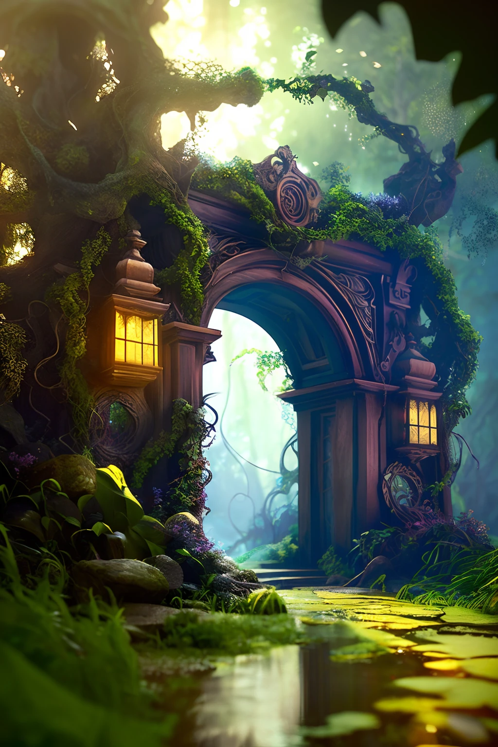 (Digital Artwork:1.3) of (Sketched:1.1) octane render of a mysterious dense forest with a large (magical:1.2) gate (portal:1.3) to the eternal kingdom, blade runner, intricate (vine:1.2), massive tree in liquid metal, realistic digital painting portrait, shot at 8k resolution, petrol liquid, pastel color, splash art, blue and purple magic universe, light engrave in intricate details, (light particle:1.2), (game concept:1.3), (depth of field:1.3), global illumination,Highly Detailed,Trending on ArtStation