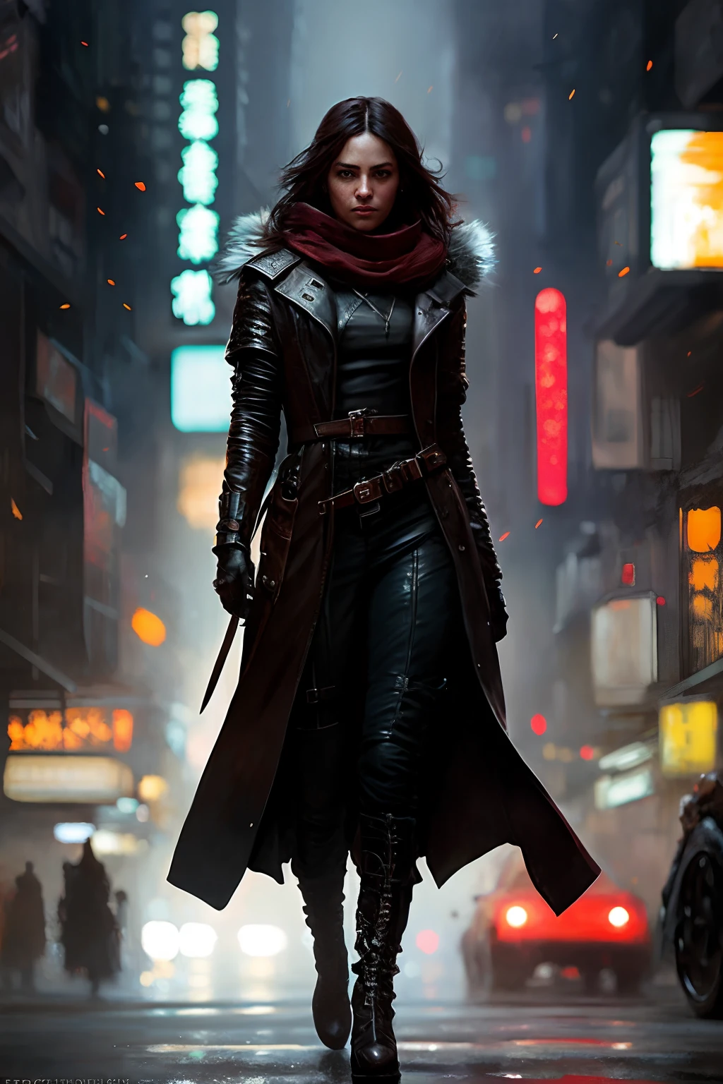 full body shot photo of the most beautiful artwork in the world featuring a modern female (rogue thief:1.1) wearing multiple layer (leather armor:1.1), sexy, big eyes, urban tokyo futuristic look, neon lights, night, slow motion, reflections, orange raincoat, intricate detail, nostalgia, high boots, heart professional majestic oil painting by Ed Binkley, Atey Ghailan, Studio Ghibli, by Jeremy Mann, Gregory Manchess, Antonio Moro, trending on ArtStation, trending on CGSociety, Intricate, High Detail, Sharp focus, dramatic, photorealistic painting art by midjourney and greg rutkowski