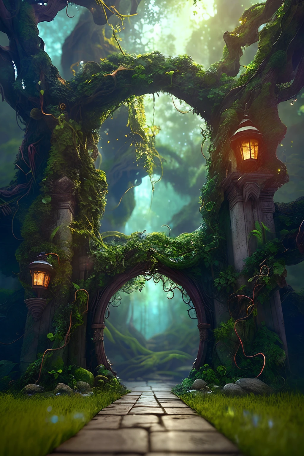 (Digital Artwork:1.3) of (Sketched:1.1) octane render of a mysterious dense forest with a large (magical:1.2) gate (portal:1.3) to the eternal kingdom, blade runner, intricate (vine:1.2), massive tree in liquid metal, realistic digital painting portrait, shot at 8k resolution, petrol liquid, pastel color, splash art, blue and purple magic universe, light engrave in intricate details, (light particle:1.2), (game concept:1.3), (depth of field:1.3), global illumination,Highly Detailed,Trending on ArtStation