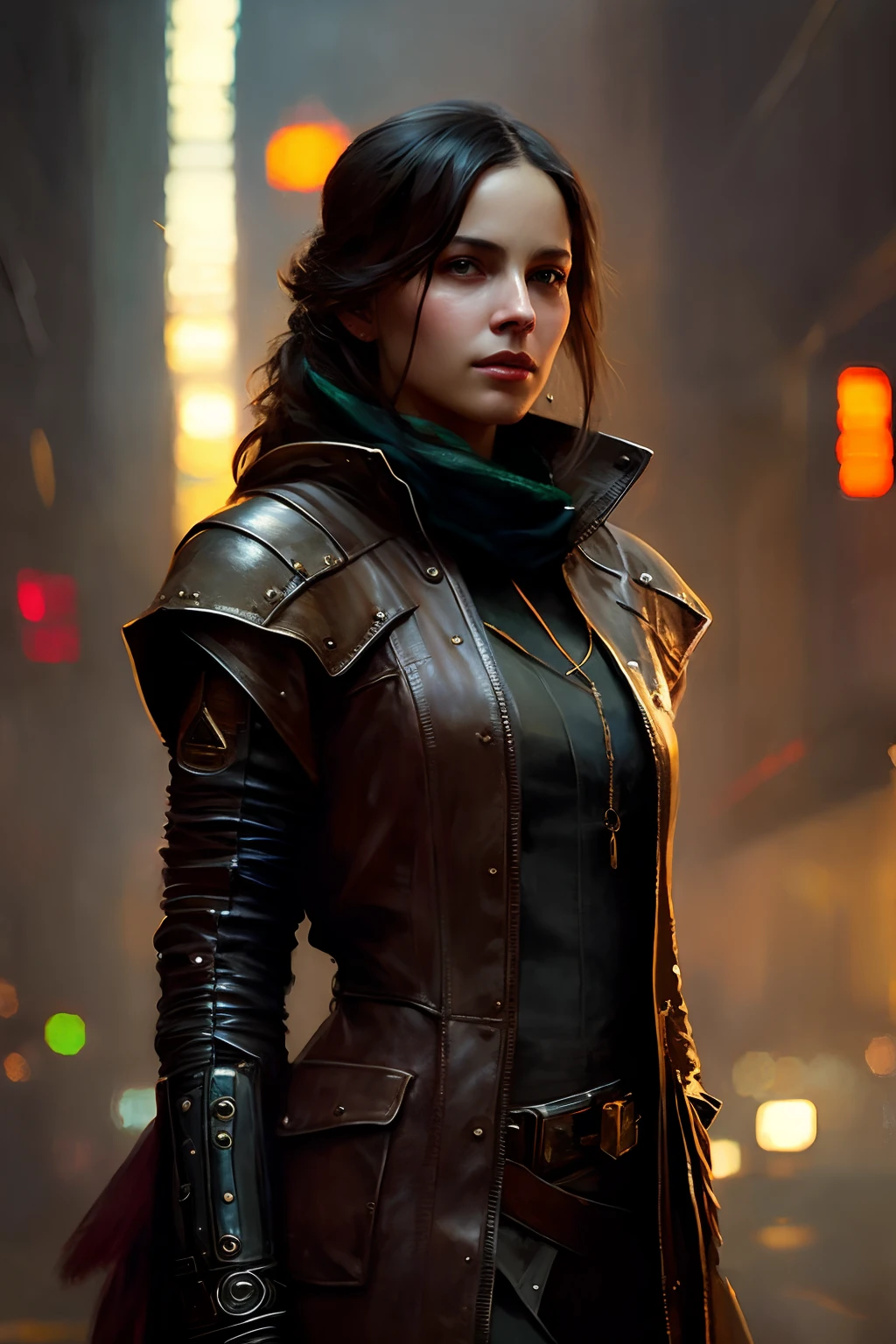 full body shot photo of the most beautiful artwork in the world featuring a modern female (rogue thief:1.1) wearing multiple layer (leather armor:1.1), sexy, big eyes, urban tokyo futuristic look, neon lights, night, slow motion, reflections, orange raincoat, intricate detail, nostalgia, high boots, heart professional majestic oil painting by Ed Binkley, Atey Ghailan, Studio Ghibli, by Jeremy Mann, Gregory Manchess, Antonio Moro, trending on ArtStation, trending on CGSociety, Intricate, High Detail, Sharp focus, dramatic, photorealistic painting art by midjourney and greg rutkowski