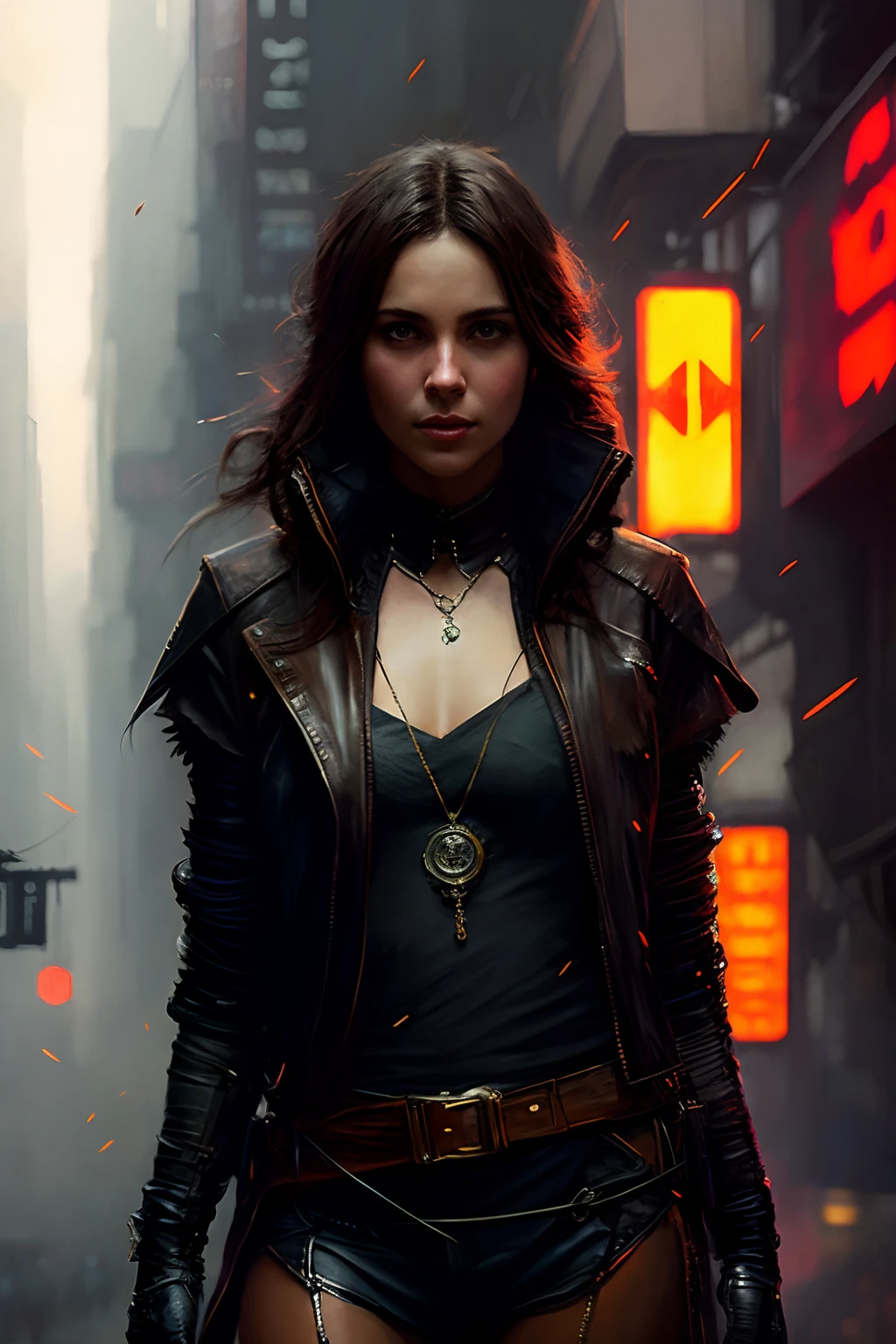 full body shot photo of the most beautiful artwork in the world featuring a modern female (rogue thief:1.1) wearing multiple layer (leather armor:1.1), sexy, big eyes, urban tokyo futuristic look, neon lights, night, slow motion, reflections, orange raincoat, intricate detail, nostalgia, high boots, heart professional majestic oil painting by Ed Binkley, Atey Ghailan, Studio Ghibli, by Jeremy Mann, Gregory Manchess, Antonio Moro, trending on ArtStation, trending on CGSociety, Intricate, High Detail, Sharp focus, dramatic, photorealistic painting art by midjourney and greg rutkowski