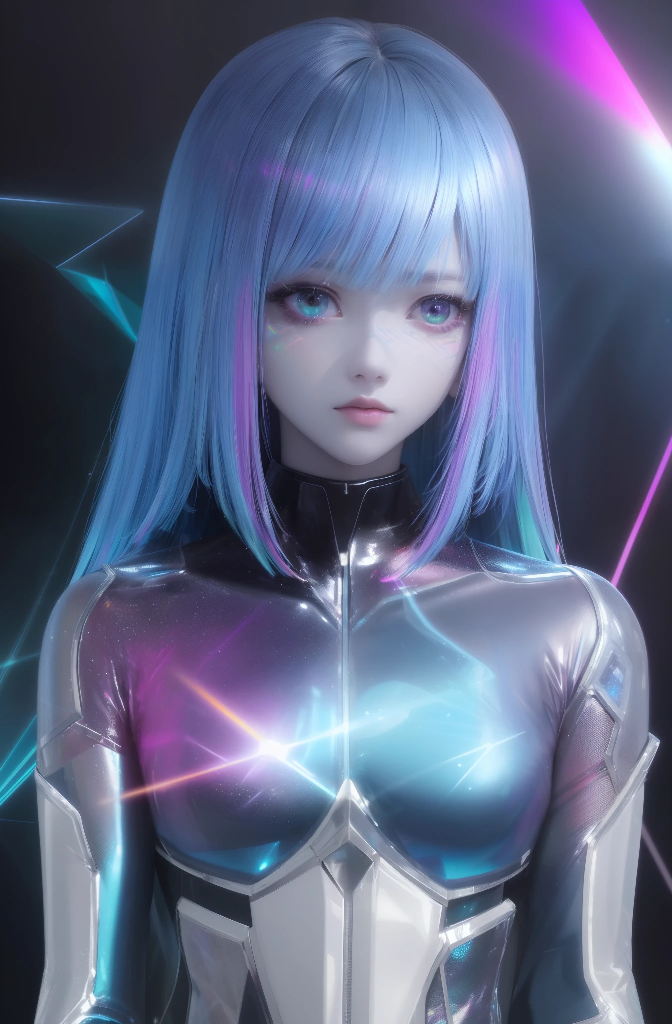 1 Girl, wearing flouresent transparent pvc texture holographic clothing, prism, best quality, masterpiece, upper body, colorful laser reflection, game original painting, anime character concept design, beautiful face, beautiful light on black background, OC render, Raytracing, high quality, high detail, high resolution, 8k