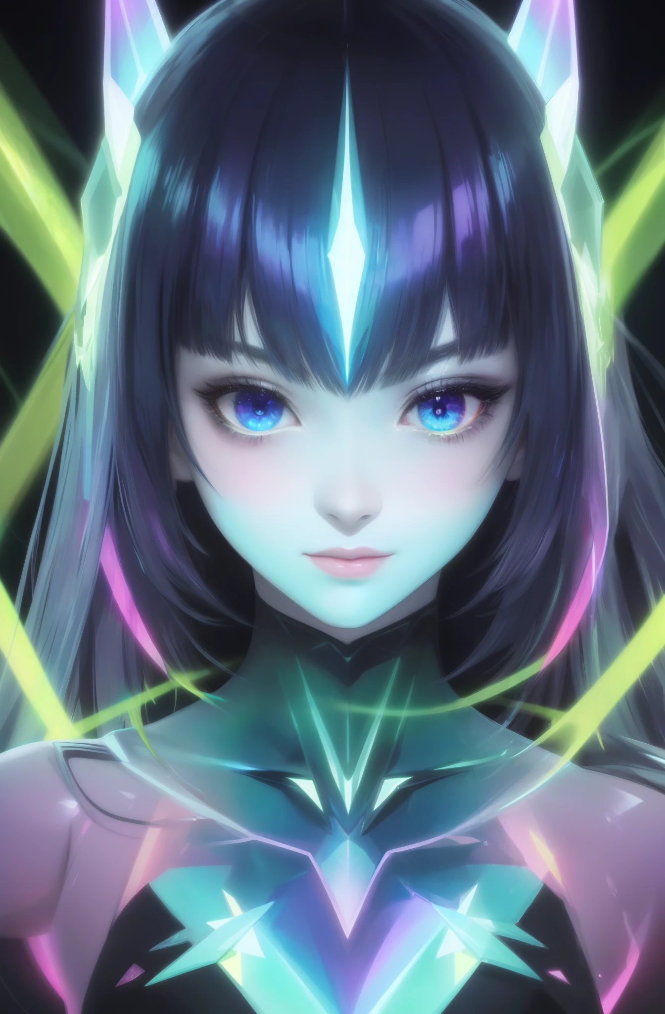1 Girl, wearing flouresent transparent clothing, prism, best quality, masterpiece, upper body, colorful laser reflection, game original painting, anime character concept design, beautiful face, beautiful light on black background, OC render, Raytracing, high quality, high detail, high resolution, 8k
